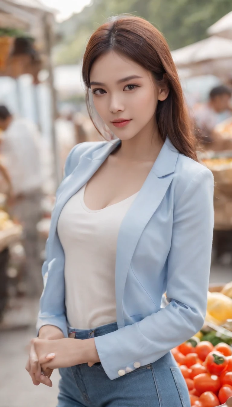 Photoshoot, scene shoot, street market, blue shirt, white blazer, blue jeans long pants, paying groceries with credit card, 19 year old college girl, cute girl, beautiful girl, indonesian model, white healthy skin, delicate eyes,  double eyelids, earrings, full body photo, realistic hands, realistic fingers, detailed hands, detailed fingers, (sexy body:1.2)