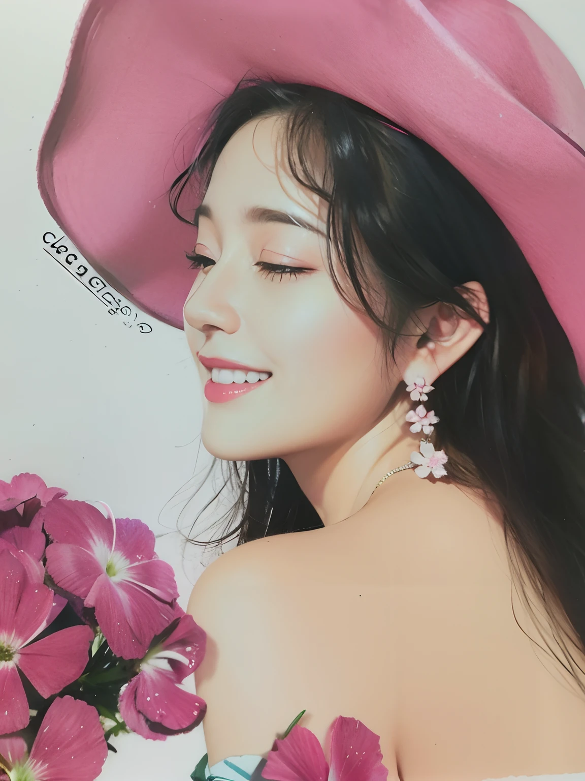 A closeup of a woman wearing a pink hat and holding flowers, a colored pencil sketch, color pencil drawing, color pencil sketch, colored pencil art on paper, Jisoo Blackpink Retrato, colored pencil drawing, colorized pencil sketch, colored pencil illustration, color pencil sketch, desenho colorido, drawn with colored pencils, colored pencils, desenho colorido, colored pencils on paper
