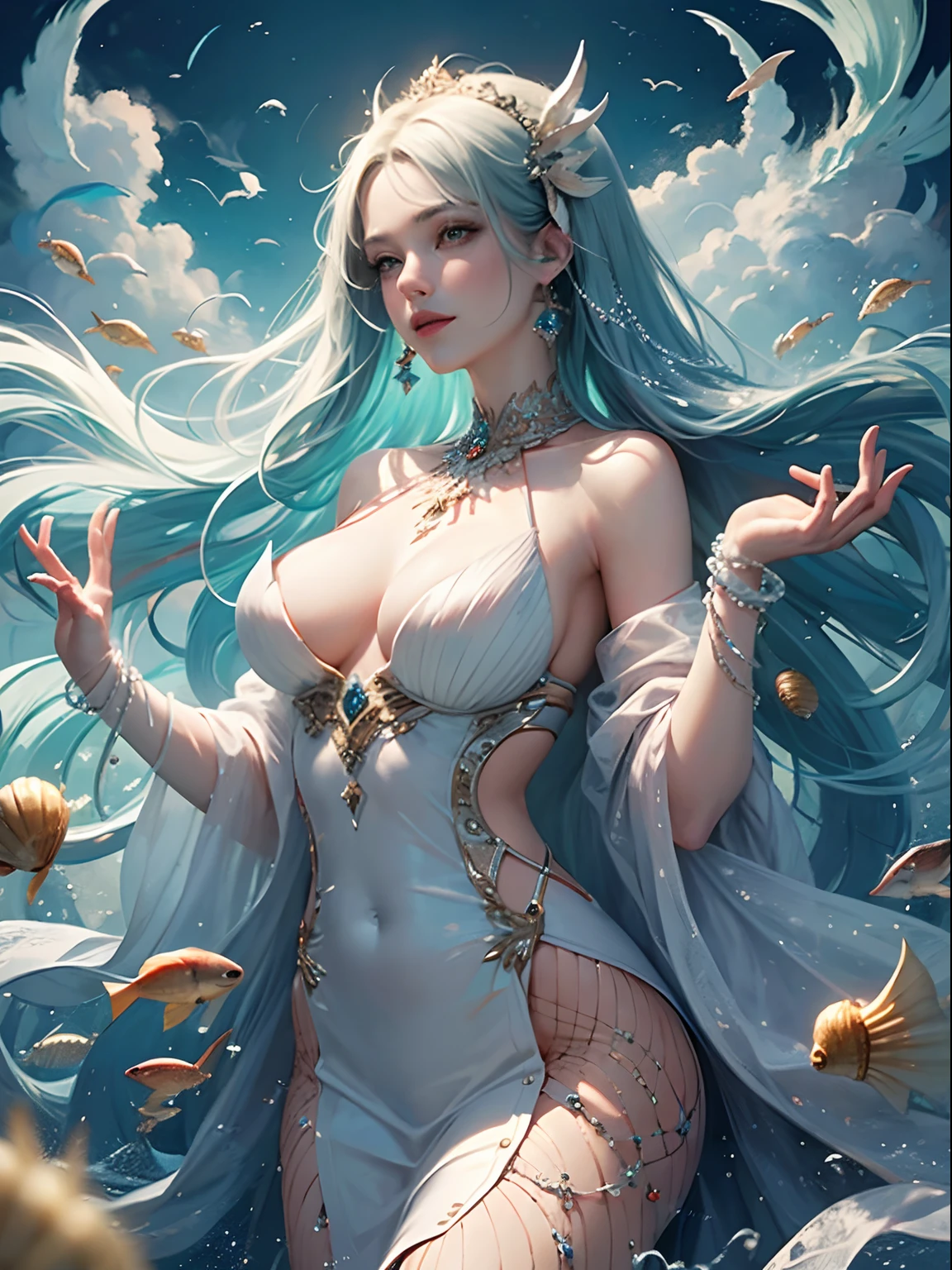 offcial art, Unity 8k壁纸, Ultra-detailed, Beautiful and aesthetically pleasing, tmasterpiece, best qualityer, (zentangle, datura, clew, meshing), (s fractal art: 1.3), 1 mermaid, (Hairstyles: Long hair) Ocean, Extremely detailed, dynamic angle, Cowboy shot, The most beautiful forms of chaos, elegant, Fauvistdesign, vivd colour, romanticism lain, Seafoam, Buble, shells, Fish, pearls,Holding a gun, huge weapon,Strong man,Vintage style,Resurrected warriors,