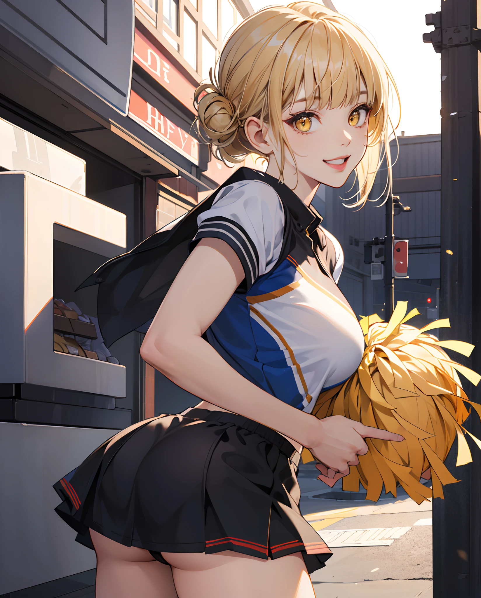 Masterpiece, best quality, 1girl, detailed face, toga himiko, yellow eyes, light from behind, super detailed, grocery store, (large breasts), cinematic lightning, happy, (close-up), looking at viewer, sano br, blonde hair, crazy smile, u.a. cheerleader uniform, black panties,