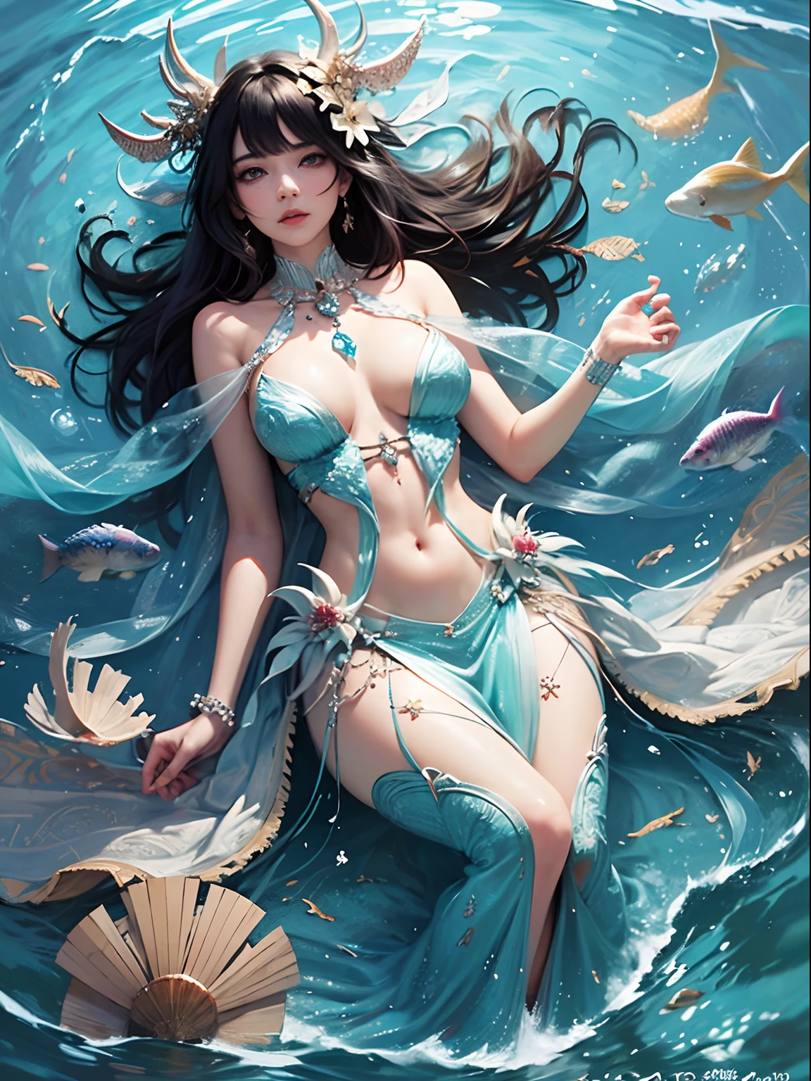 offcial art, Unity 8k壁纸, Ultra-detailed, Beautiful and aesthetically pleasing, tmasterpiece, best qualityer, (zentangle, datura, clew, meshing), (s fractal art: 1.3), 1 Mermaid Man, (Black hairstyle: Long hair) Ocean, Extremely detailed, dynamic angle, Cowboy shot, The most beautiful forms of chaos, elegant, Fauvistdesign, vivd colour, romanticism lain, Seafoam, Buble, shells, Fish, pearls