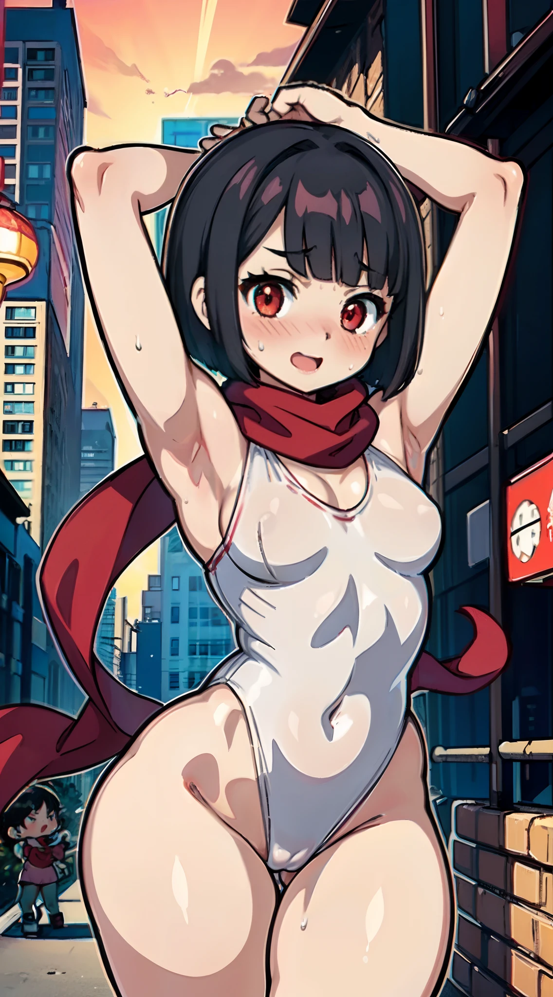 (Perfect body),Best Quality,16 K、((((Short stature))))、(((((Lori)))))、Red frills、(White and red leotard)、(((blush)))、:D、I have my mouth wide open、Tsuriformes、Blunt bangs、(short-hair)、(((bob cuts)))、(Red Eyes),((Black hair)),(Sweat)、((red scarf))、((Big ass))、flat chest、(((thick thighs)))、Armpits、On top of the building、dynamicposes