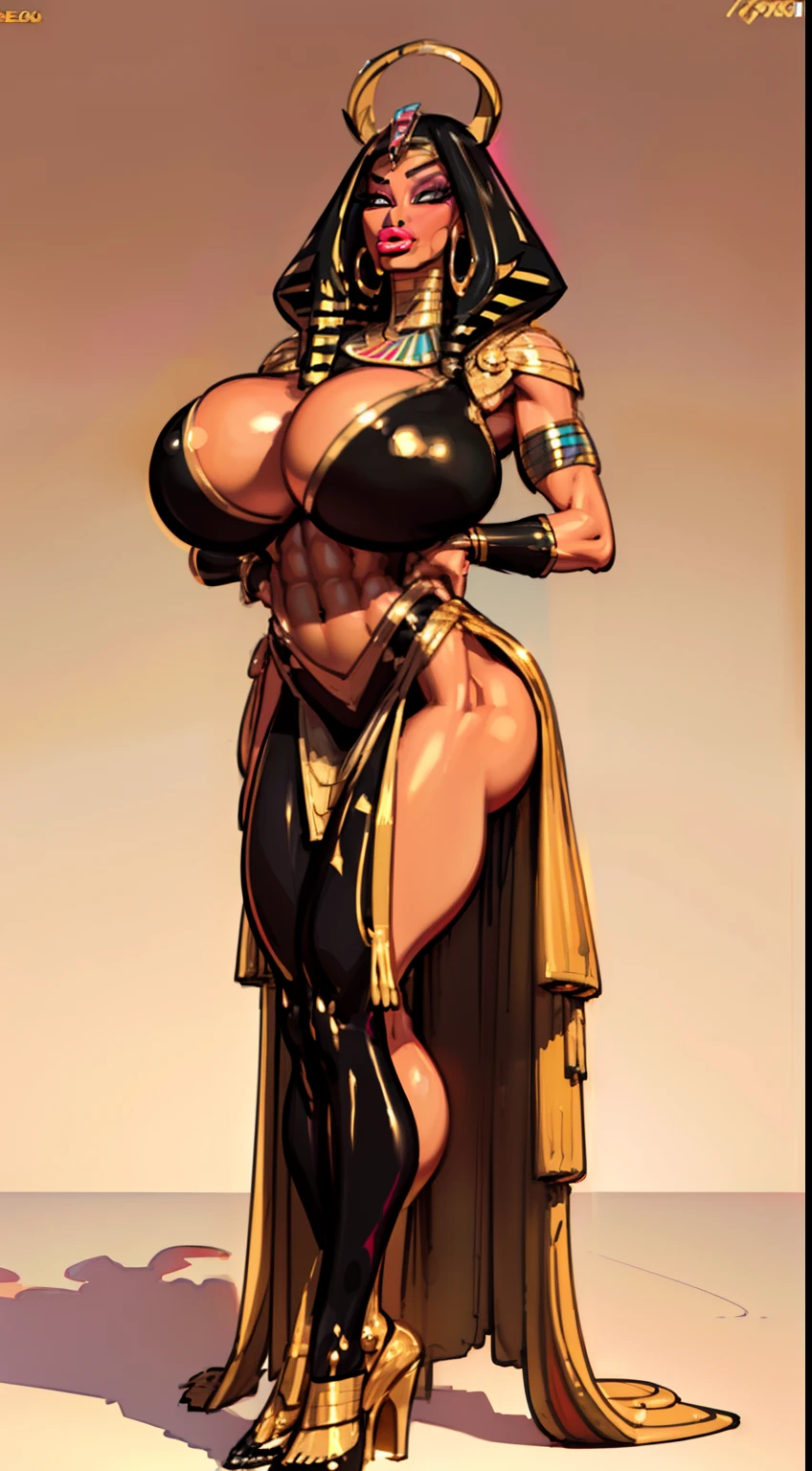 ((masterpiece)),(((best quality))),((character design sheet)), ((full body view)) ((Egyptian queen) mature face, ((Nemes:1.4)), defined cheekbones, high cheekbones, illustration,  muscular, ((gold:1.4)), sexy bimbo, (gigantic breasts:1.7) black hair, ((detailed face:1.4)) beautiful woman, (Egyptian:1.4) (((cool black skin:1.5))) , (red lipstick:1.4), shiny skin, scribbles and marks,(puffy lips:1.4) , rough sketches, pose, 8k,16k, (simple background, white background: 1.3) beige color palette, black legs, black arms, ((brown face)),(((cool colors light:1.4)))