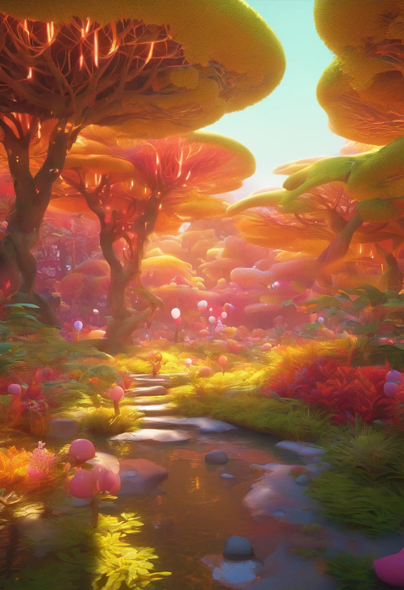 high qulity，8K，Mysterious Forest ：1.5，There are a lot of creatures in the air，A wide variety of prehistoric plants，The colors are bright and rich，Various glowing creatures，Yayoi Kusama，Dreamy，Dreamlike scenery，Rich in color，Colorful colorful