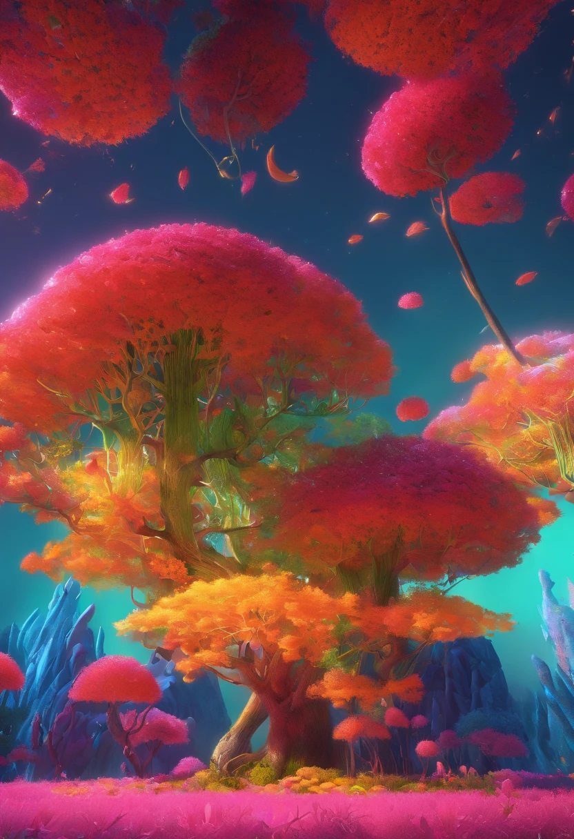 high qulity，8K，Mysterious Forest ：1.5，There are a lot of creatures in the air，A wide variety of prehistoric plants，The colors are bright and rich，Various glowing creatures，Yayoi Kusama，Dreamy，Dreamlike scenery，Rich in color，Colorful colorful