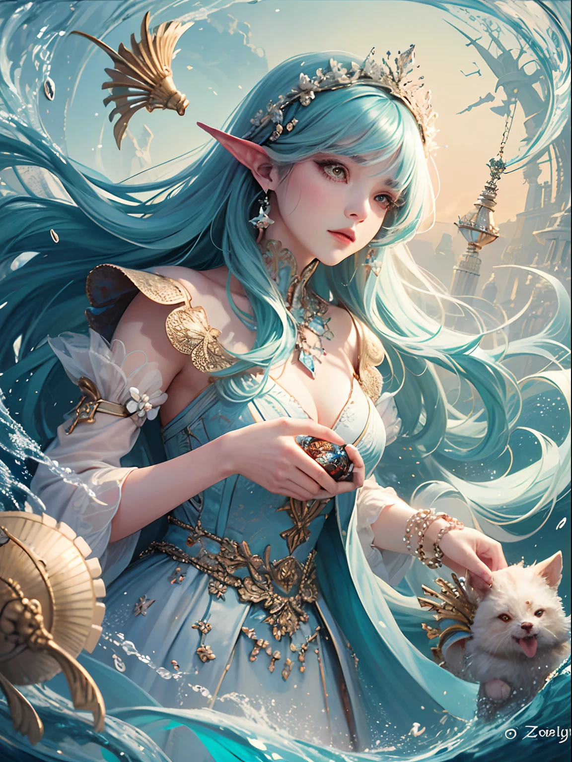 offcial art, Unity 8k壁纸, Ultra-detailed, Beautiful and aesthetically pleasing, tmasterpiece, best qualityer, (zentangle, datura, clew, meshing), (s fractal art: 1.3), 1 medieval armor，, (Hairstyles: Long hair) Ocean, Extremely detailed, dynamic angle, Cowboy shot, The most beautiful forms of chaos, elegant, Fauvistdesign, vivd colour, romanticism lain, Seafoam, Buble, shells, Fish, pearls，Holding a cute toy，Strong man，Vintage style，