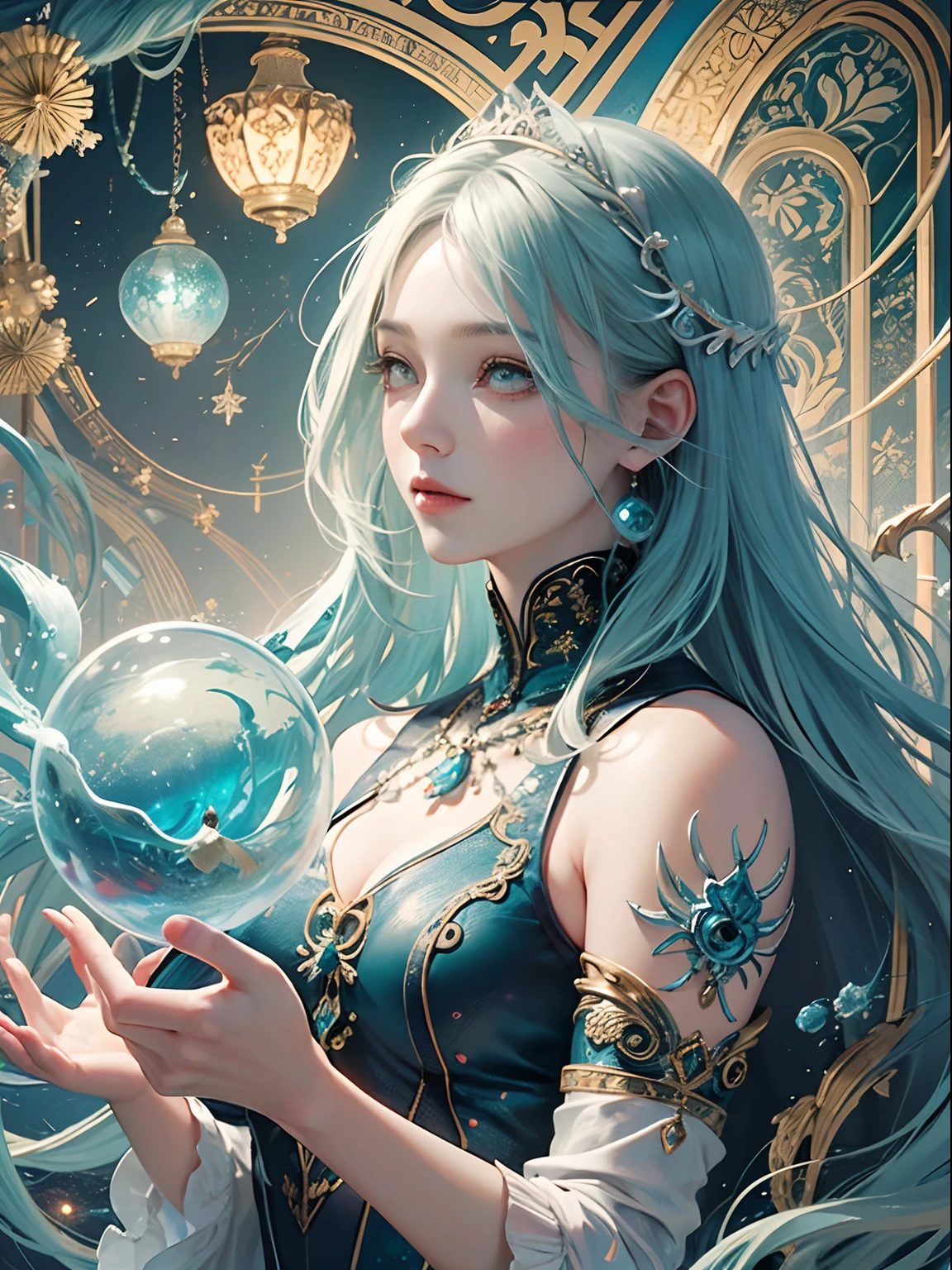 offcial art, Unity 8k壁纸, Ultra-detailed, Beautiful and aesthetically pleasing, tmasterpiece, best qualityer, (zentangle, datura, clew, meshing), (s fractal art: 1.3), 1 medieval armor，, (Hairstyles: Long hair) Ocean, Extremely detailed, dynamic angle, Cowboy shot, The most beautiful forms of chaos, elegant, Fauvistdesign, vivd colour, romanticism lain, Seafoam, Buble, shells, Fish, pearls，Holding a cute toy，Strong man，Vintage style，