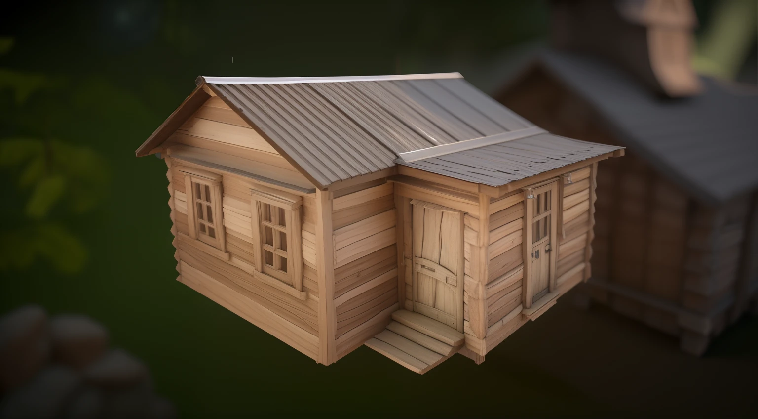 a close up of a small wooden house with a metal roof, low - poly 3 d model, low poly 3d model, wooden house, 3 d render stylized, wooden cottage, realistic 3d model, rendered on unreal 3 d, rendered with substance designer, low quality 3d model, rendered in unity 3 d, stylized 3d render, stylized pbr