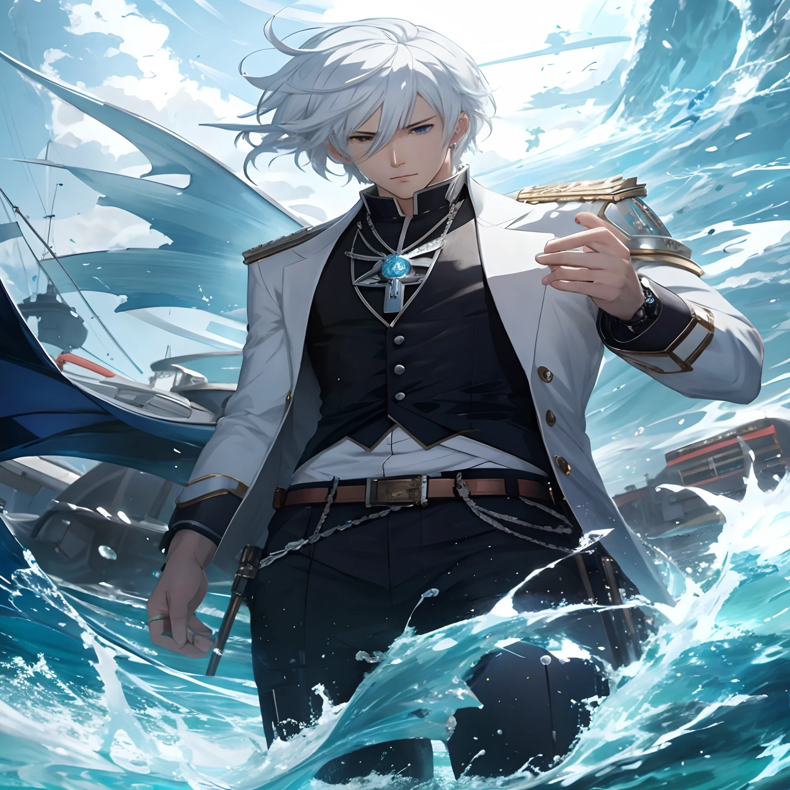 anime character with white hair and a black coat standing in the ocean, skinny male fantasy alchemist, the sea and storms behind him, detailed digital anime art, male anime character, detailed anime character art, badass anime 8 k, white haired deity, detailed key anime art, white haired, trending on artstation pixiv, thancred waters in style of wlop,one metal arm