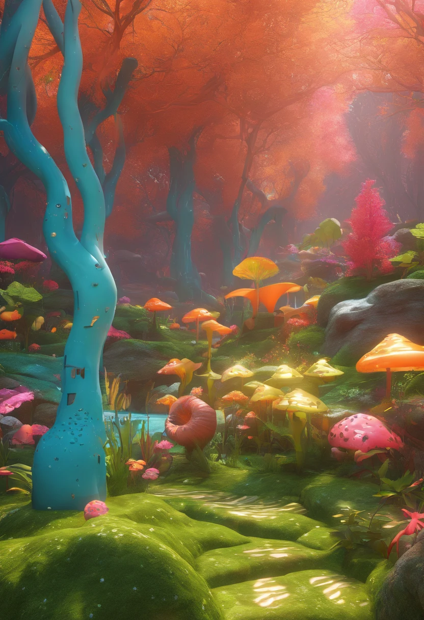 high qulity，8K，Mysterious Forest ：1.5，There are a lot of creatures in the air，A wide variety of prehistoric plants，The colors are bright and rich，Various glowing creatures，Yayoi Kusama，Dreamy，Dreamlike scenery，Rich in color，Colorful colorful