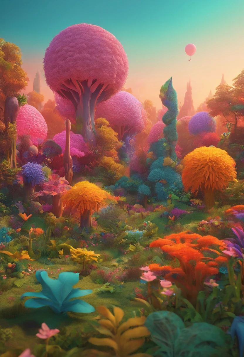 high qulity,8K,Mysterious Forest :1.5,There are a lot of creatures in the air,A wide variety of prehistoric plants,The colors are bright and rich,Various glowing creatures,Yayoi Kusama,Dreamy,Dreamlike scenery,Rich in color,Colorful colorful