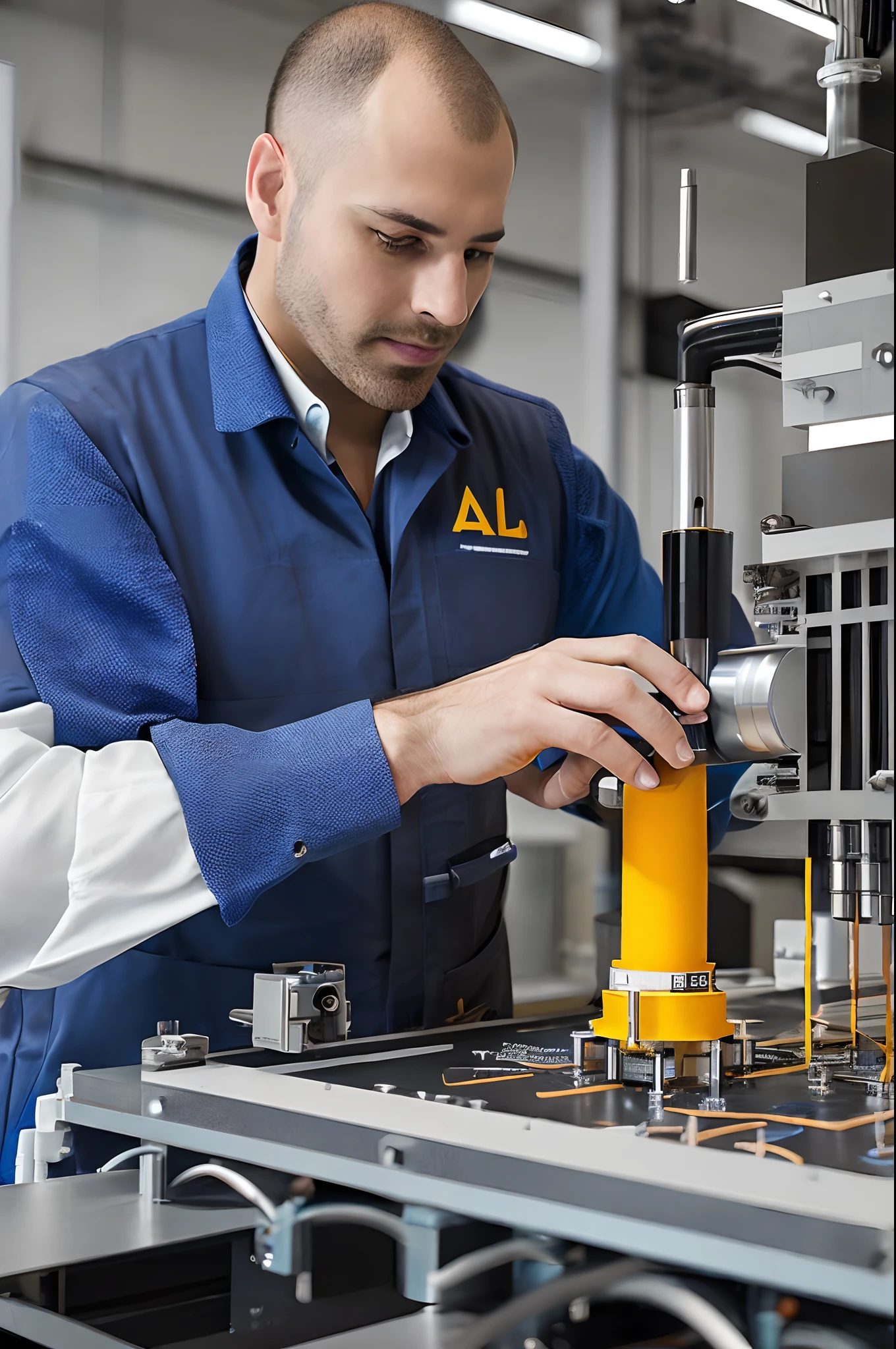 (best quality,Alto,master part:1.2),ultra-detalhado,Realistic,hands on,Extremely focused mechanical engineer working on a state-of-the-art prototype in a state-of-the-art engineering laboratory. The engineer's face radiates intense concentration and determination as they meticulously assemble and adjust the intricate components. The prototype itself has an intricate design, apresentando engenharia precisa e tecnologias inovadoras. Lighting in the lab highlights every detail, emphasizing the engineer's dedication and the sophisticated nature of the project. The color tones are sleek and modern, with a hint of metallic sheen, further accentuating the technological aspect of the scene. The atmosphere exudes professionalism and expertise, Creating an inspiring environment for cutting-edge engineering innovation.