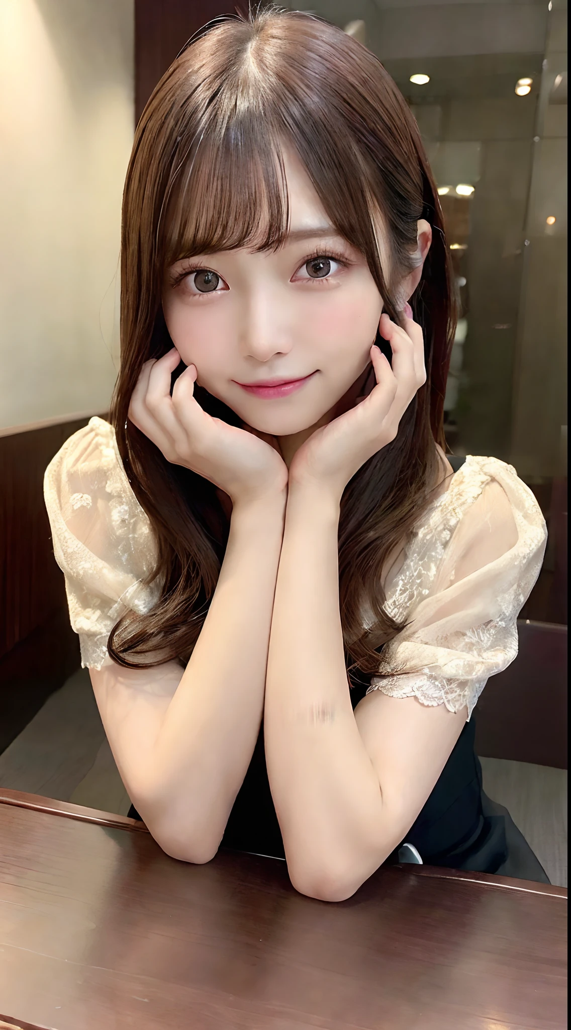 (masutepiece:1.3), High resolution, ultra-detailliert, the Extremely Detailed CG Unity 8K Wallpapers, Realistic, Photorealsitic, Raw photo, beautifull detailed face, pale skin, Realistic glitter skin, Detailed Cloth Texture, detailed hair texture, Beautiful face, acurate, Anatomically correct, Highly detailed facial and skin texture, Natural neck length, (Beautiful hands), (Fair skin:1.2), 独奏、Brown hair、｟Medium Hair｠、swept bangs、Japan Female, 18 years old、A detailed eye, symmetrical eye,Harajuku、Cute realistic photos、(Sit leaning against the table), ((Elbows placed on the table，Gently lift your chin:1.3)),｟smile1.6｠