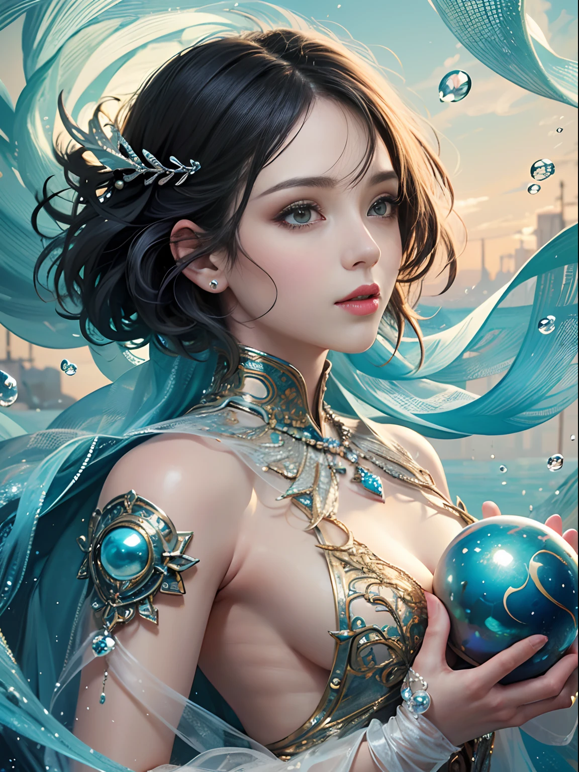 Fang Art, Unity 8k壁纸, Ultra-detailed, Beautiful and aesthetically pleasing, tmasterpiece, best qualityer, (zentangle, datura, clew, meshing), (s fractal art: 1.3), athlete,, (Hairstyles: short detailed hair) Ocean, Extremely detailed, dynamic angle, Cowboy shot, The most beautiful forms of chaos, elegant, Fauvistdesign, vivd colour, romanticism lain, Seafoam, Buble, shells, Fish, pearls,Holding a cute toy,Strong man,Vintage style,Well-developed muscles