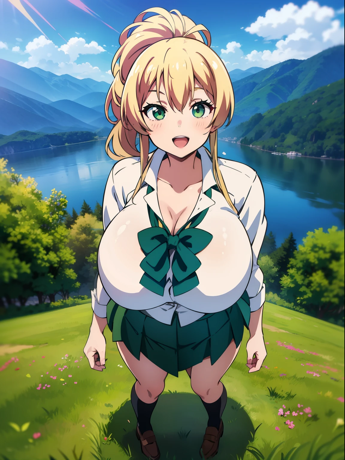 Blonde, ponytail hair, lipstick, green eyes, (huge tits), school uniform, girl, (solo), smile, green skirt, white shirt, bowtie, open mouth, school, standing, mountain, lake, outdoor, cleavage, full body,