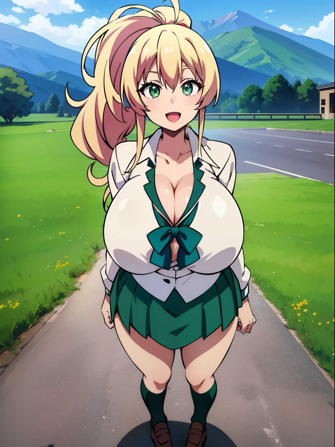 Blonde, ponytail hair, lipstick, green eyes, (huge tits), school uniform, girl, (solo), smile, green skirt, white shirt, bowtie, open mouth, school, standing, mountain, lake, outdoor, cleavage, full body,