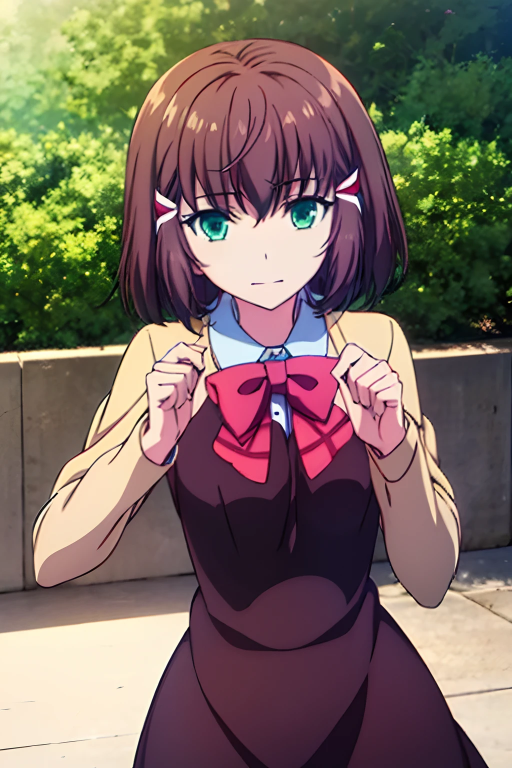 Dress, Shoko Sashinami, Valvrave the Liberator, Hair ornaments, short brown hair, medium hair, green eyes