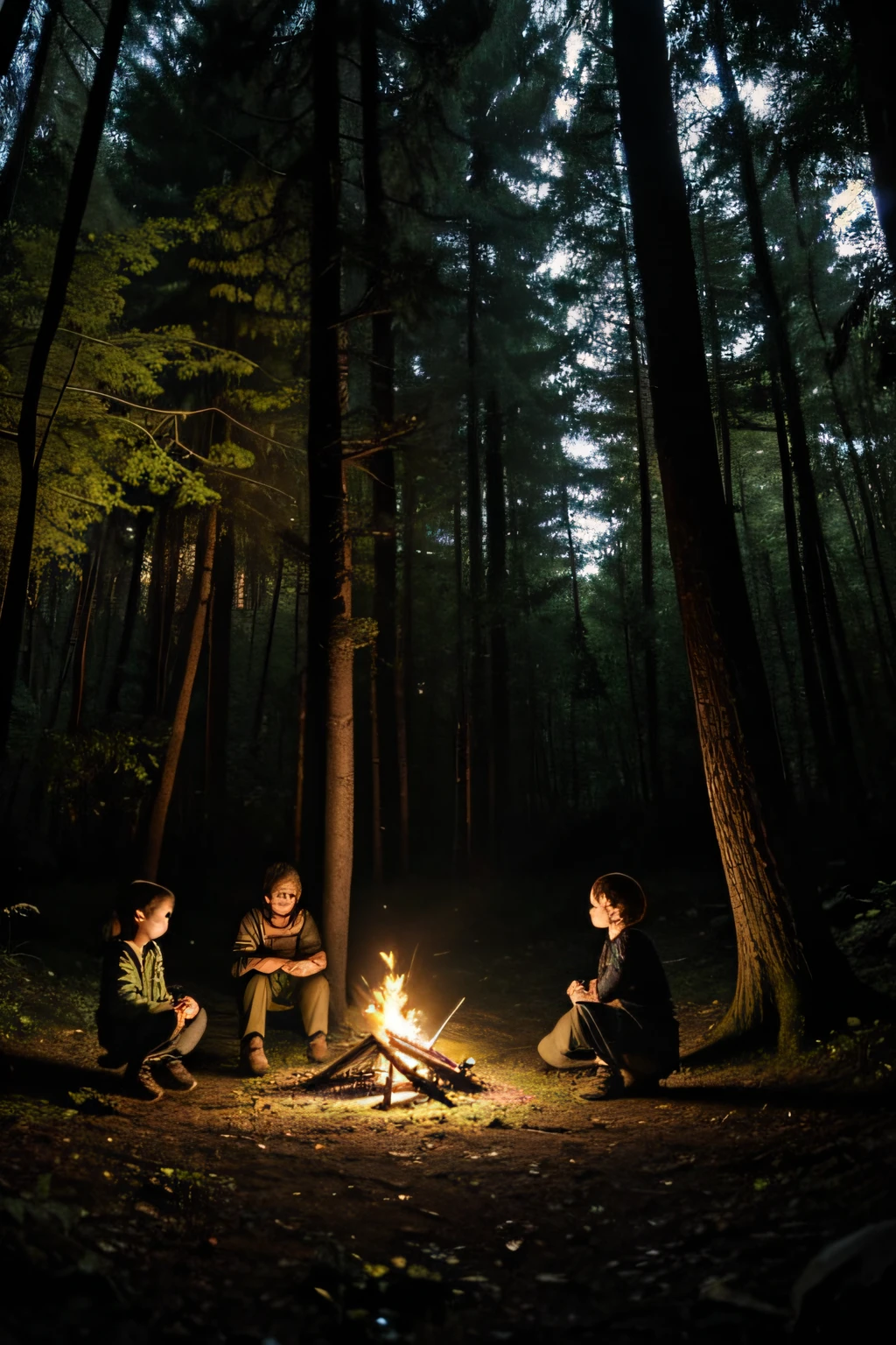 outono, floresta a noite, muito vento. Three  and a more adult girl go into the woods to camp. The only source of light is a campfire, That casts strange shadows on the trees