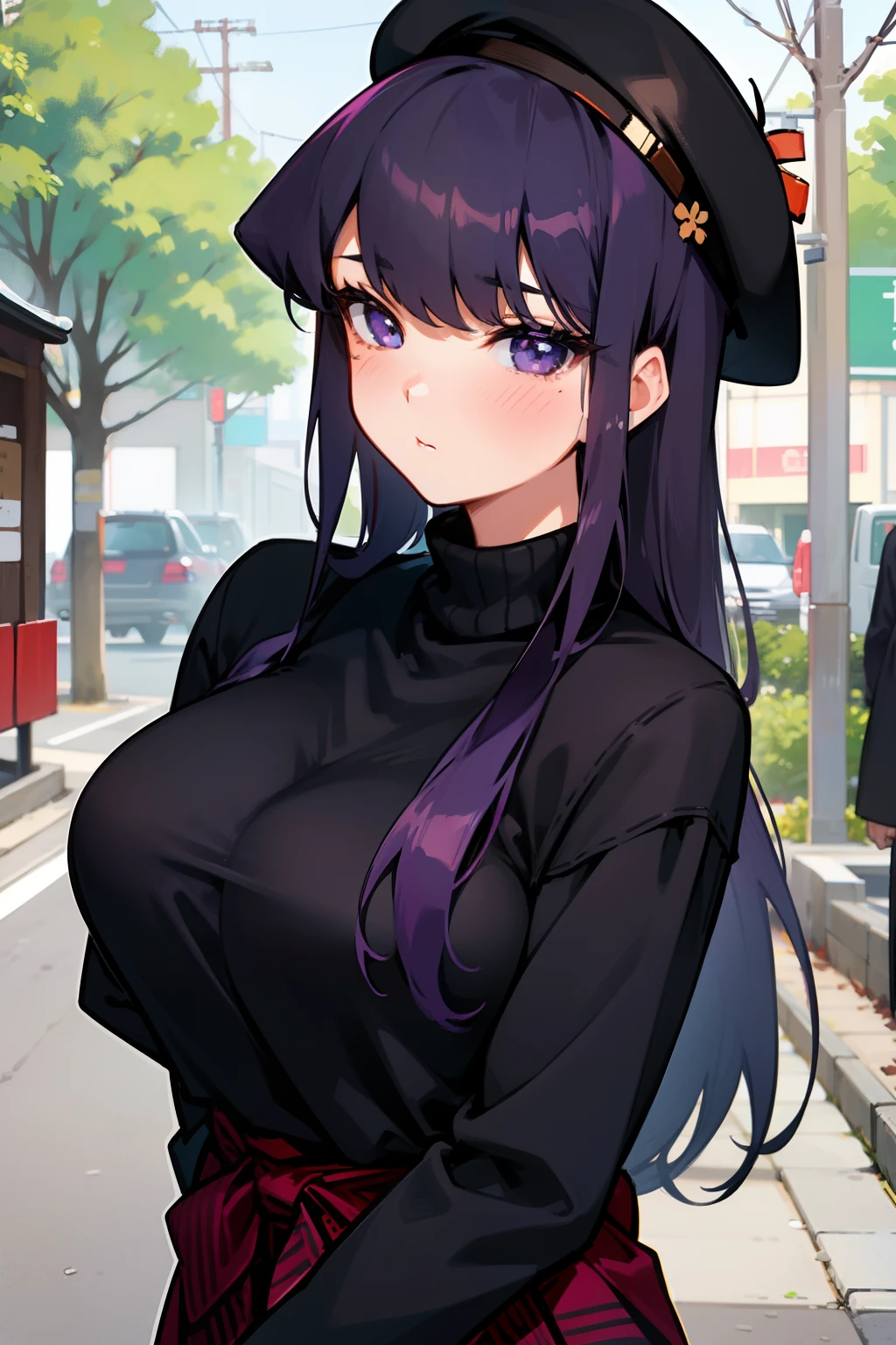 (komishuuko),beautiful,masterpiece, best quality, extremely detailed face,big breasts,looking at viewer, 1 girl, shy, blush, dark purple hair, ((long hair)), standing, japan street, black beret, turtleneck sweater, long skirt, leather backpack