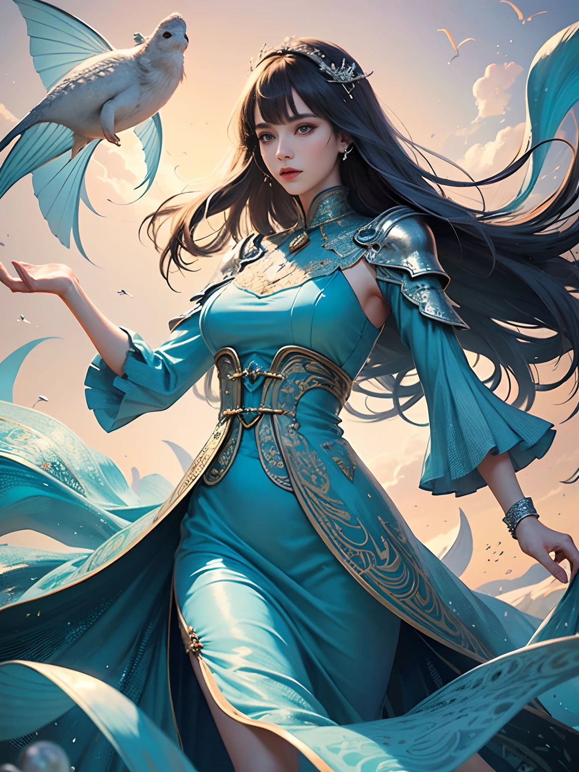 offcial art, Unity 8k壁纸, Ultra-detailed, Beautiful and aesthetically pleasing, tmasterpiece, best qualityer, (zentangle, datura, clew, meshing), (s fractal art: 1.3), 1 piece of medieval armor，, (Hairstyles: Long hair) Ocean, Extremely detailed, dynamic angle, Cowboy shot, The most beautiful forms of chaos, elegant, Fauvistdesign, vivd colour, romanticism lain, Seafoam, Buble, shells, Fish, pearls，Sword，arma，Vintage style，