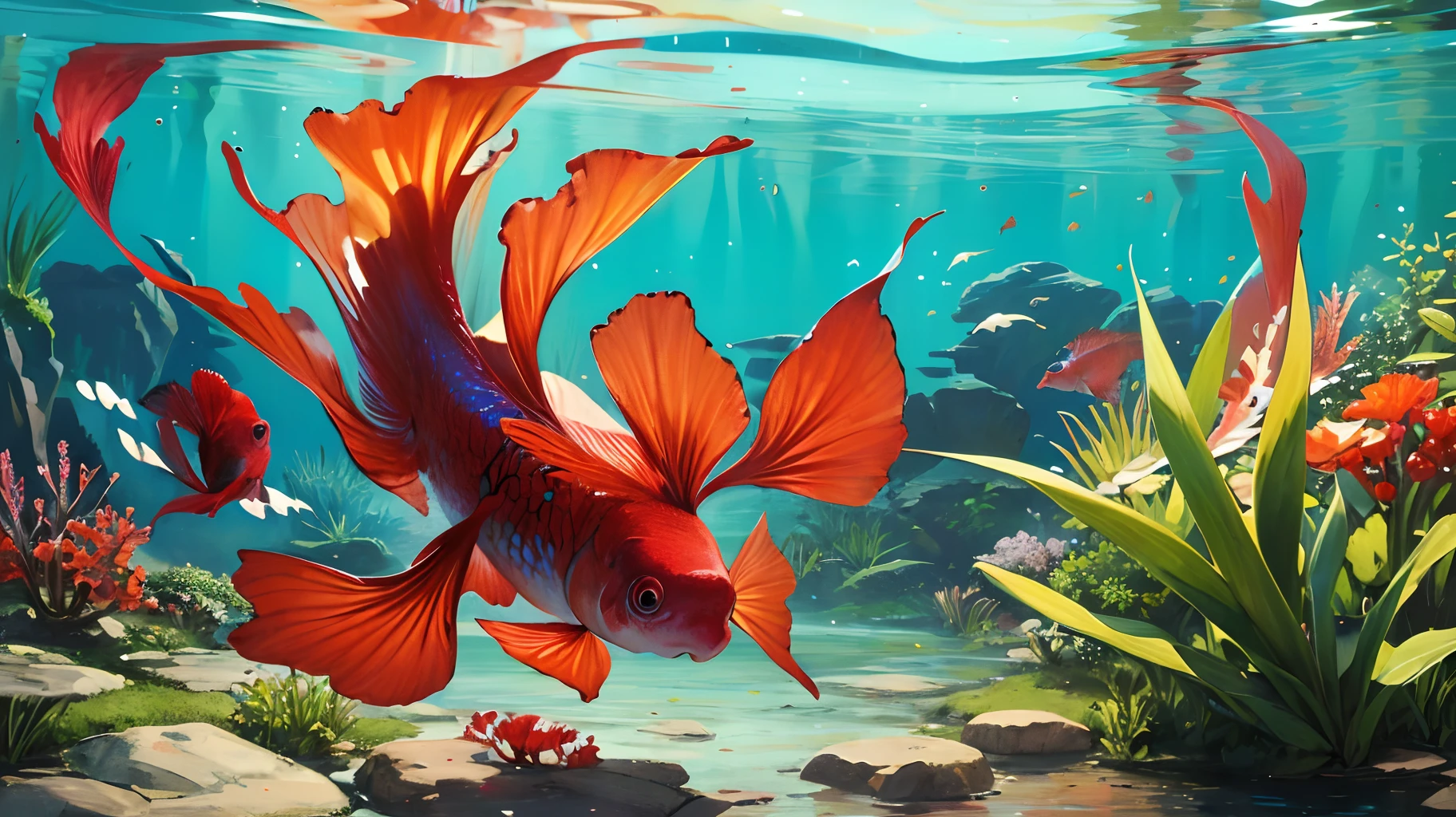 Describe the scene of a red wine Betta fish with its amazing flippers , In the water of a river , WITH LIGHTING. Cartoon, arte desviante, Detalhes surreais, Betta Fish Lighting , artwork , beleza , sofisticado