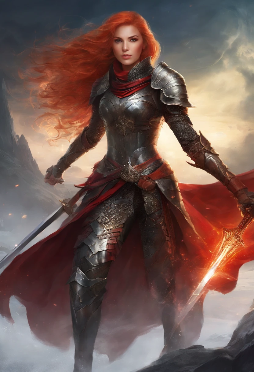 Best quality,4K,8K,A high resolution,Masterpiece:1.2),Ultra-detailed,(Realistic,Photorealistic,photo-realistic:1.37), An assassin in (black steel plated armor:1.37) including a black cloak, wearing a black sith lord mask with glowing red eyes that covers the entire face, sword fighting a beautiful woman with scarlett hair in steel armor that shows her midrif,