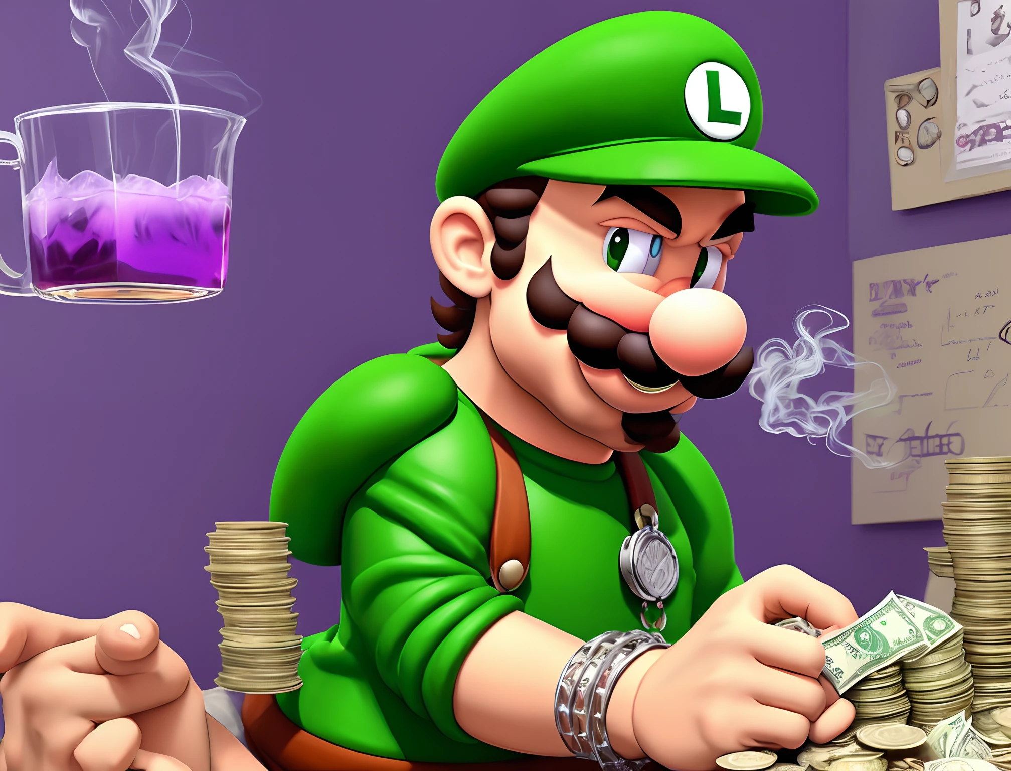 hyper realistic Luigi wearing an chain that says btcxylo he’s also smoking in his room and there is buds money and a cup full of purple liquid