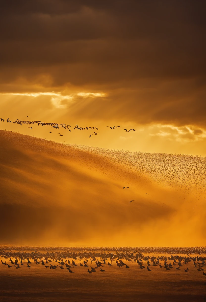 Thousands of birds rising from the dust of the earth and soaring into the air