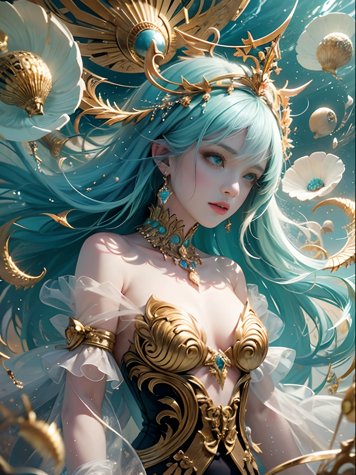 offcial art, Unity 8k壁纸, Ultra-detailed, Beautiful and aesthetically pleasing, tmasterpiece, best qualityer, (zentangle, datura, clew, meshing), (s fractal art: 1.3), Alchemist, (Hairstyles: Long hair) Ocean, Extremely detailed, dynamic angle, Cowboy shot, The most beautiful forms of chaos, elegant, Fauvistdesign, vivd colour, romanticism lain, Seafoam, Buble, shells, Fish, pearls,French formation,plumw,Vintage style,golds,The tree,Eau,firey,soil