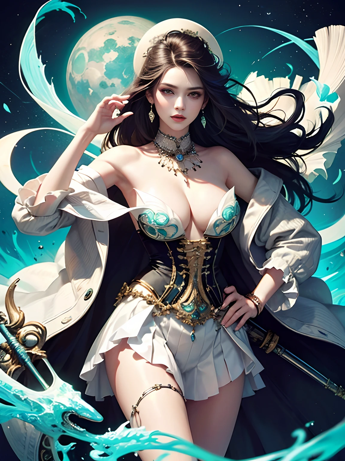 offcial art, Unity 8k壁纸, Ultra-detailed, Beautiful and aesthetically pleasing, tmasterpiece, best qualityer, (zentangle, datura, clew, meshing), (s fractal art: 1.3), 1人，ember，Undead, dead person(Hairstyles: Long hair) Ocean, Extremely detailed, dynamic angle, Cowboy shot, The most beautiful forms of chaos, elegant, Fauvistdesign, vivd colour, romanticism lain, Seafoam, Skull shell, Fish, pearls，A gun with a huge scythe，Strong man，Vintage style，delicated face