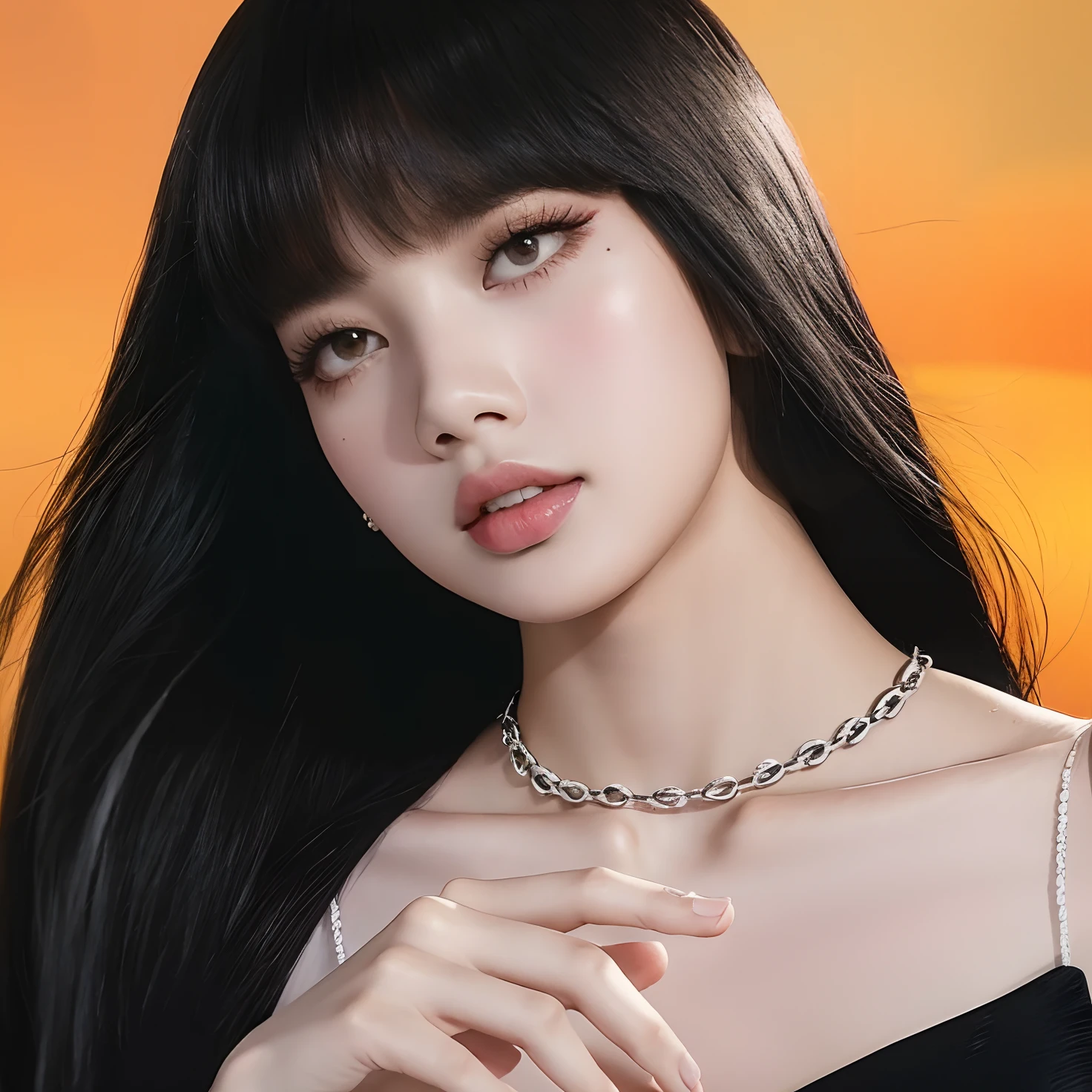 Hay una mujer con el pelo largo y un collar en el cuello, Lalisa Manobal, Retrato de Jossi de Blackpink, Lalisa Manoban de Blackpink, Jossi de Blackpink, Sun Yunjoo, Ella tiene el pelo negro con flequillo, Fanart, Bae Suzy, Blackpink Jennie, Imagen filtrada, Gongbi, Retrato Jisoo Blackpink, hermosa poarch