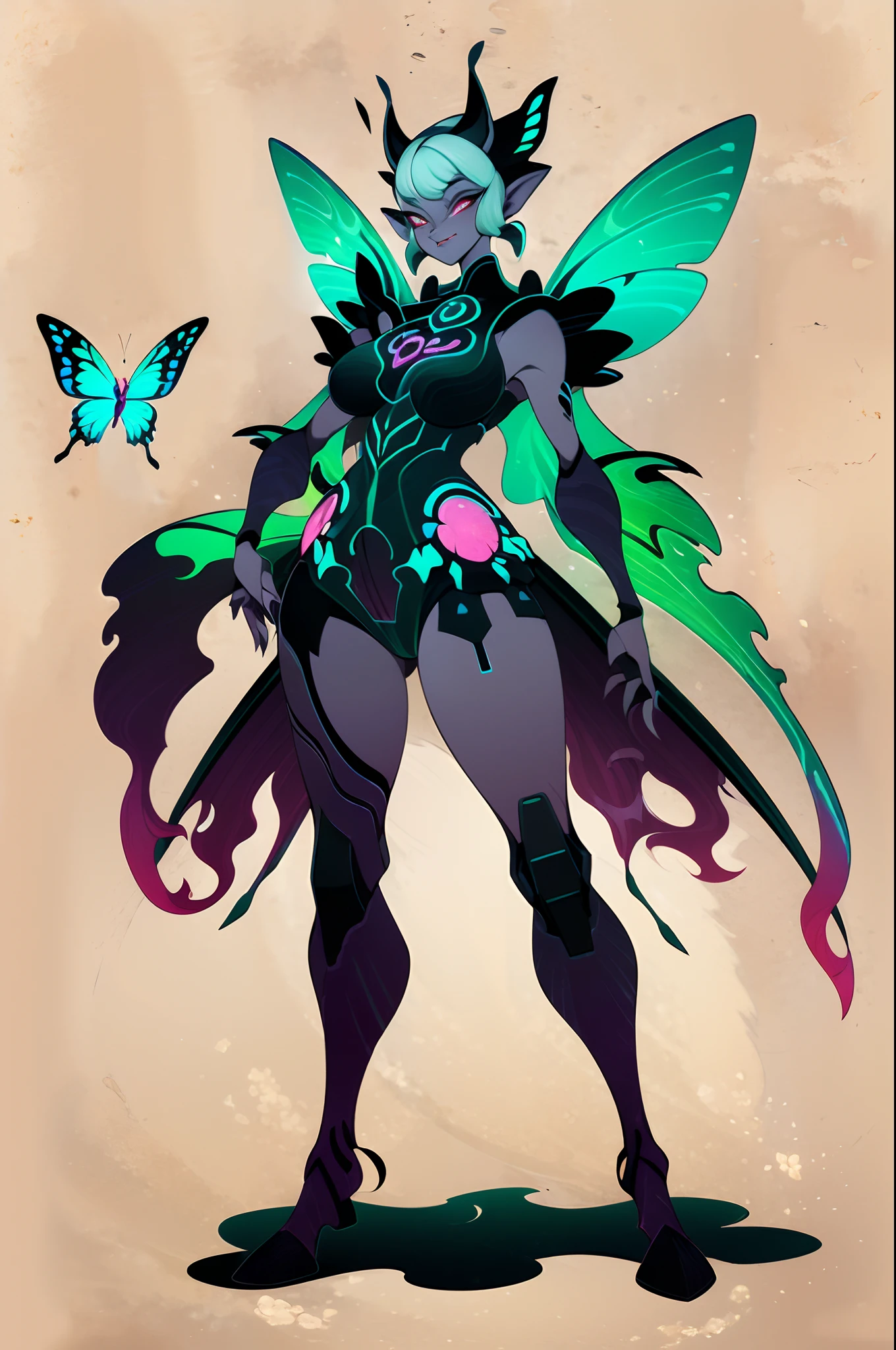 (1 Anthropomorphism of butterflies), Full body standing painting, (((独奏))), (tmasterpiece，top Quority，best qualtiy), ((Anthropomorphism of butterflies)), (((独奏))),Conceptual diagram of the human structure of a butterfly, Creature armor, character design contest winner, Cyberpunk butterfly, Great character design, Cyborg butterfly, Fantasy Butterfly Man, ((cyber punk style，machine arm，Hologram aura，Surreal Science Fiction Art，Future Science Fiction Aesthetics)), Biopunk cyborg butterfly funny character design, insect trainer girl, no type, cushart kenz, Cyberpunk cyborg butterfly, full body concept, high quality character design, (((独奏))), character design art, ((very simple background))、(Game character design), ((white backgrounid)),（（（flatcolors）））