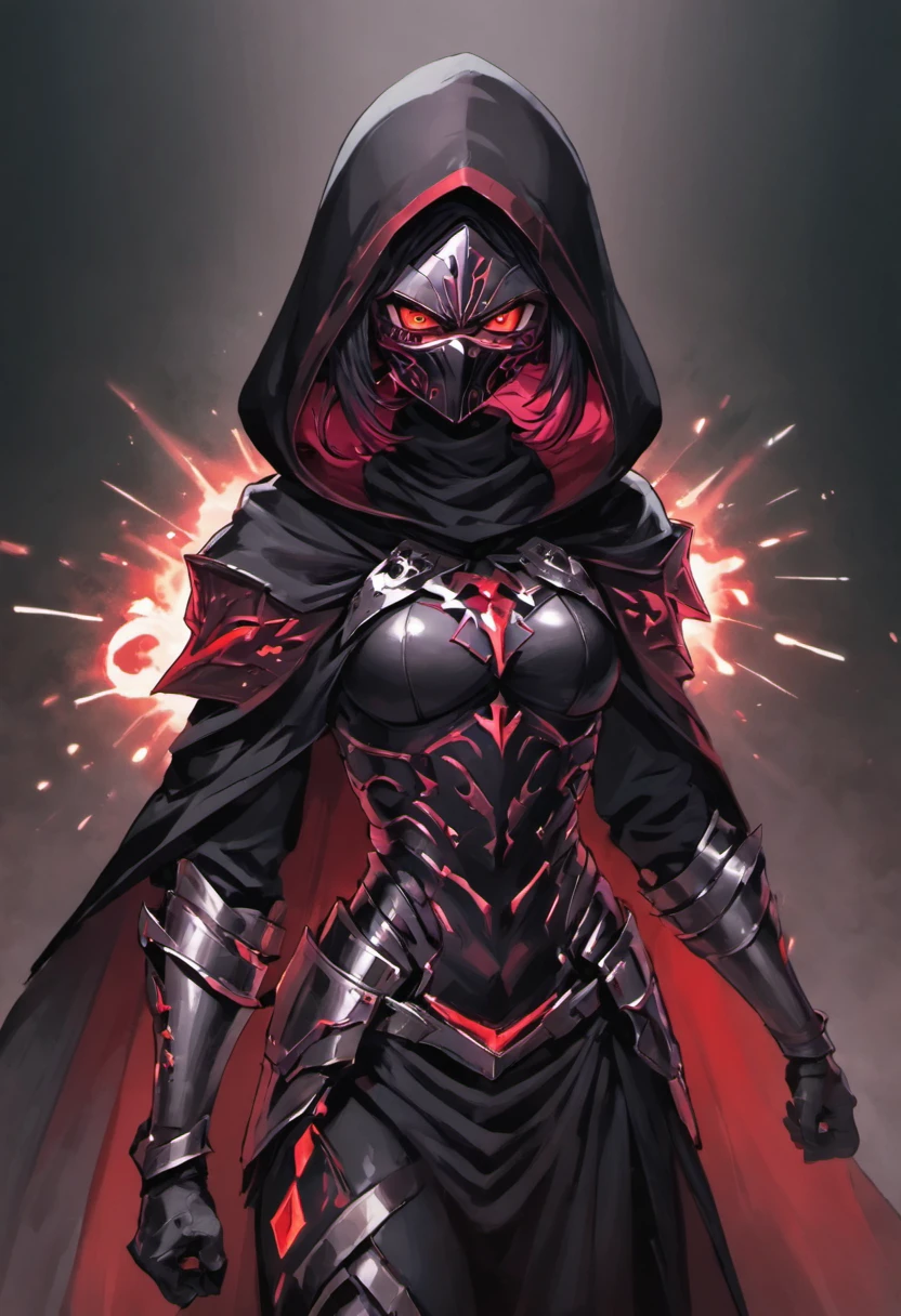 Best quality,4K,8K,A high resolution,Masterpiece:1.2),Ultra-detailed,(Realistic,Photorealistic,photo-realistic:1.37), An assassin in (black steel plated armor:1.37) including a black cloak, wearing a black sith lord mask with glowing red eyes that covers the entire face, (sword fighting:1.4), a beautiful woman with scarlett hair in a steel armor teo piece that shows her midrif,