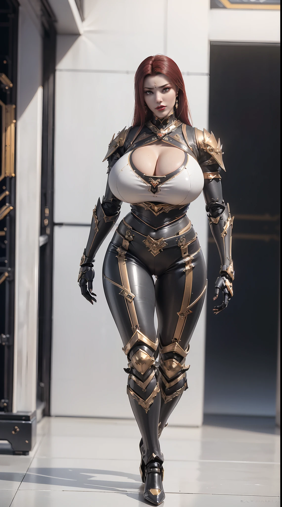 (1GIRL,SOLO:2), (super detailed face), ((BIG BUTTOCKS, HUGE FAKE BREASTS:1.5)), (CLEAVAGE TOP:1.5), (MUSCLE ABS FEMALE:1.4), (MECHA GUARD ARM:1.5), ((WEARING BLACK RED OVERWATCH MECHANICAL SHINY HEAVY ARMORED CROP TOP, BLACK MECHA SKINTIGHT SUIT PANTS, MECHA GUARD ARMOR LEGS, HIGH HEELS:1.5)), (LEWD VOLUPTUOUS BODY:1.3), (GLOWING SKIN:0.8), (LONG LEGS, FULL BODY:1.1), (LOOKING AT VIEWER:1.3), (female focus:0.886), (WALKING DOWN HALLWAY OF FUTURISTIC SPACE STATION:1), (BRIGHT LIGHT WHITE_ROOM:1.3), SUPER TEXTURE, UNREAL ENGINE RENDER, PHYSICALLY-BASED RENDERING, ULTRA HIGHT DEFINITION, 16K, 1080P.