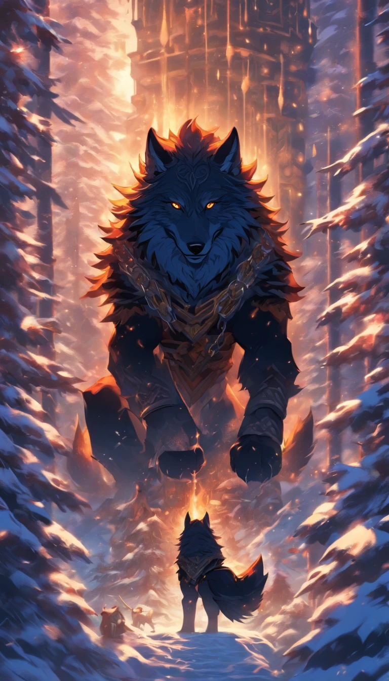 the best quality, very high resolution, 4K detailed CG, masterpiece, Fenrir, Giant Wolf, ragnarok, Wolf, chains, iron gaze, snow, tall trees, asgard palace, Norse mythology, Vikings, beautiful aesthetics, beautiful image, centered on the screen