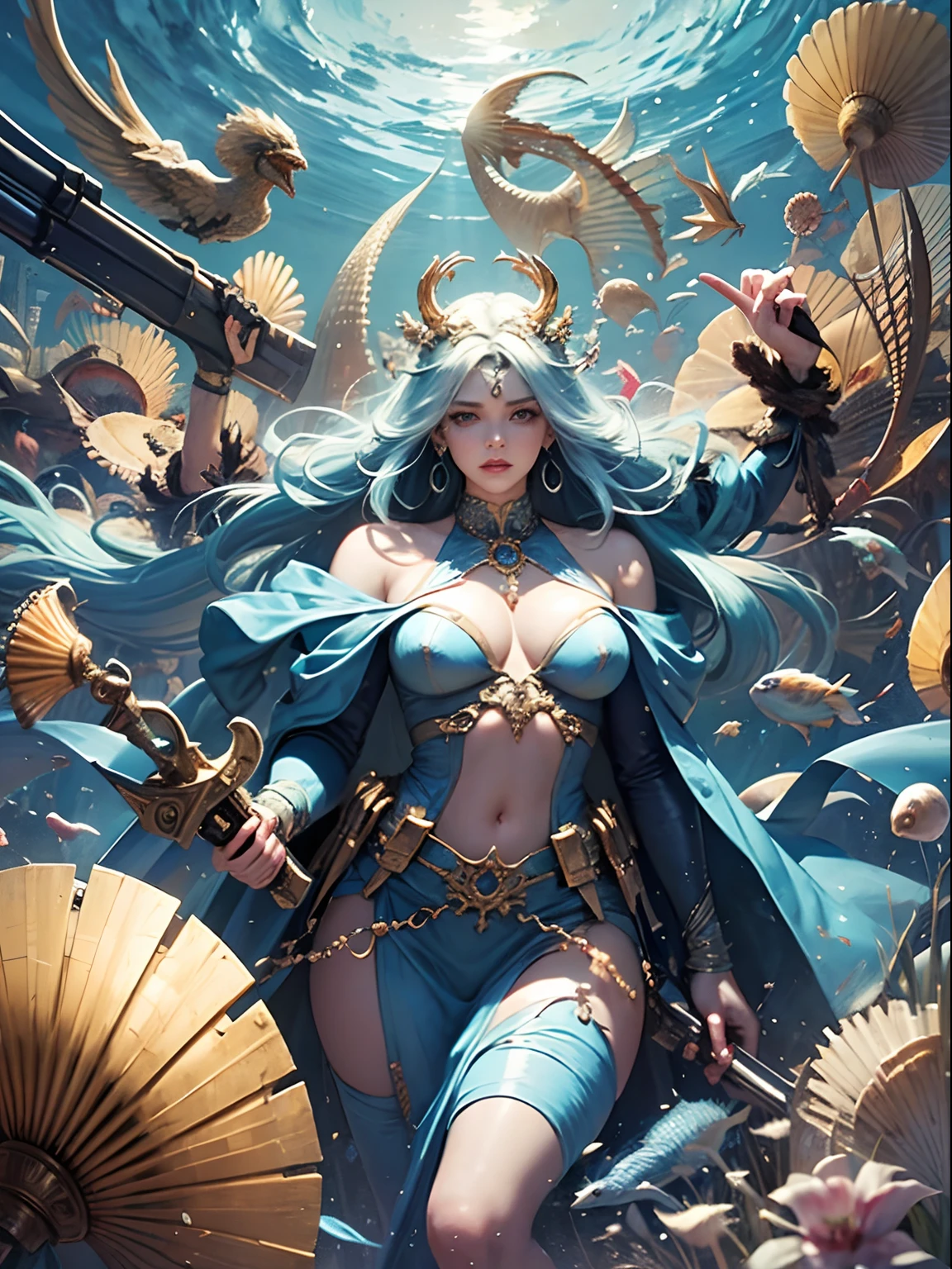 offcial art, Unity 8k壁纸, Ultra-detailed, Beautiful and aesthetically pleasing, tmasterpiece, best qualityer, (zentangle, datura, clew, meshing), (s fractal art: 1.3), 1人，ember，Resurrected warriors，, (Hairstyles: Long hair) Ocean, Extremely detailed, dynamic angle, Cowboy shot, The most beautiful forms of chaos, elegant, Fauvistdesign, vivd colour, romanticism lain, Seafoam, Buble, shells, Fish, pearls，Holding a gun, huge weapon，Strong man，Vintage style，