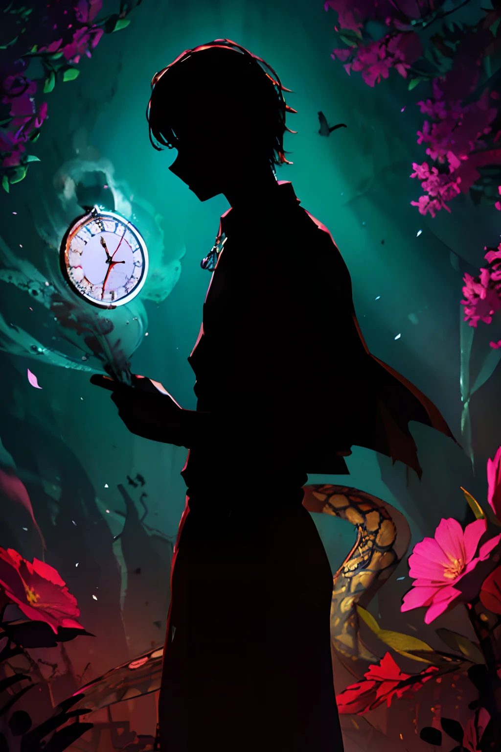 (best quality, high resolution, ultra-detailed, realistic: 1.37), silhouette of a man holding a striking pocket watch, surrounded by flowers, snakes and darkness, illustrative rendering, intricate details, mysterious atmosphere, vibrant colors, dynamic lighting , Gothic style