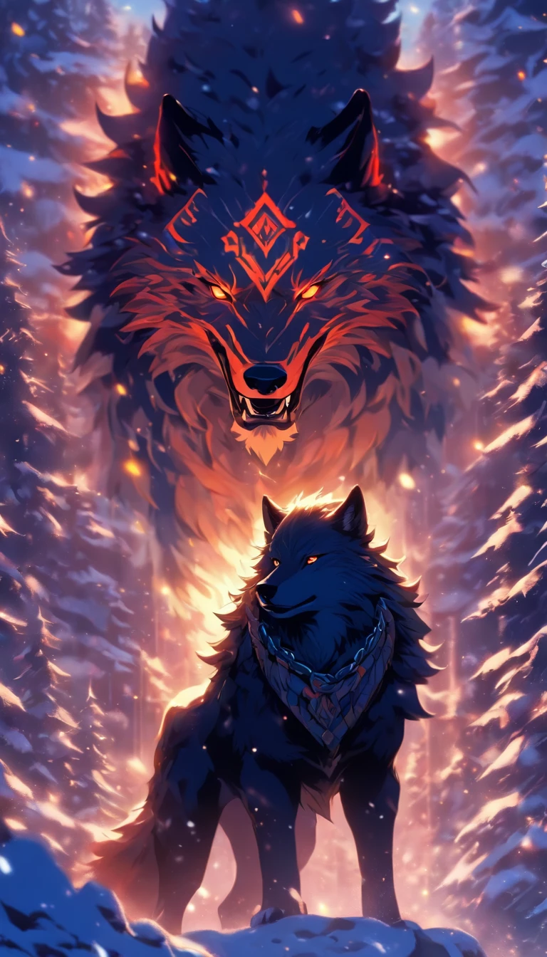 the best quality, very high resolution, 4K detailed CG, masterpiece, Fenrir, Giant Wolf, ragnarok, Wolf, chains, iron gaze, snow, tall trees, asgard palace, Norse mythology, Vikings, beautiful aesthetics, beautiful image, centered on the screen