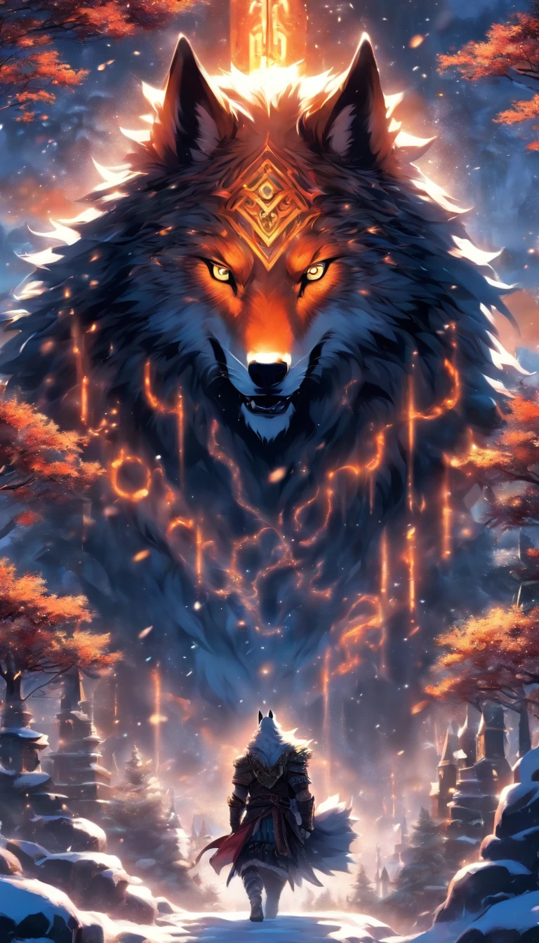 the best quality, very high resolution, 4K detailed CG, masterpiece, Fenrir, Giant Wolf, ragnarok, Wolf, chains, iron gaze, snow, tall trees, asgard palace, Norse mythology, Vikings, beautiful aesthetics, beautiful image, centered on the screen