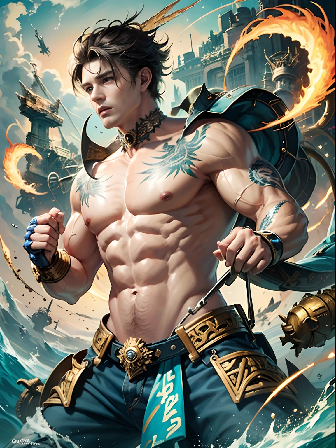 Fang Art, Unity 8k壁纸, Ultra-detailed, Beautiful and aesthetically pleasing, tmasterpiece, best qualityer, (zentangle, datura, clew, meshing), (s fractal art: 1.3), Zeus,heavenly gods, (Hairstyles: cabellos largos dorados) Ocean, Extremely detailed, dynamic angle, Cowboy shot, The most beautiful forms of chaos, elegant, Fauvistdesign, vivd colour, romanticism lain, Seafoam, Buble, shells, Fish, pearls,Hold a lightning bolt,Strong man,Vintage style,Well-developed muscles