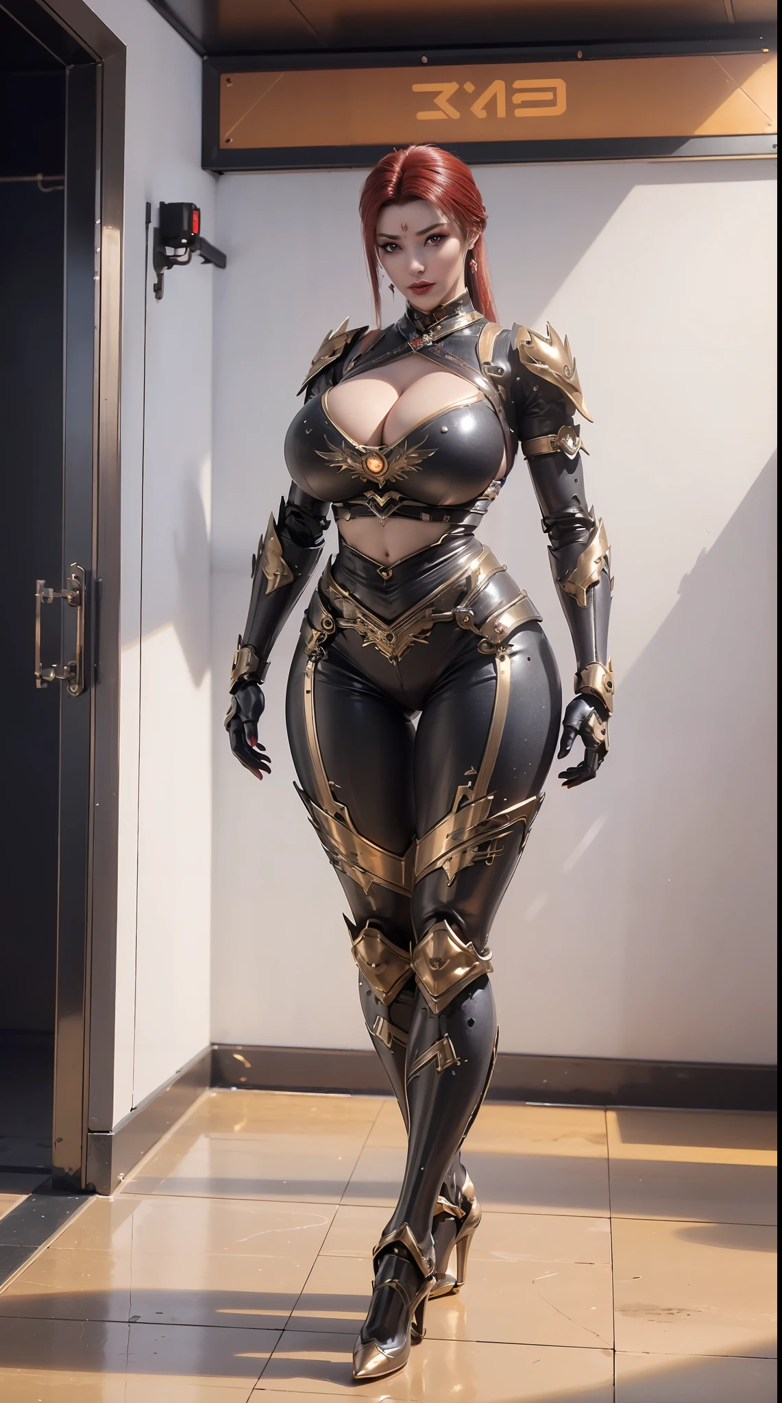 (1GIRL,SOLO:2), (super detailed face), ((BIG BUTTOCKS, HUGE FAKE BREASTS:1.5)), (CLEAVAGE TOP:1.5), (MUSCLE ABS FEMALE:1.4), (MECHA GUARD ARM:1.5), ((WEARING BLACK RED OVERWATCH MECHANICAL SHINY HEAVY ARMORED CROP TOP, BLACK MECHA SKINTIGHT SUIT PANTS, MECHA GUARD ARMOR LEGS, HIGH HEELS:1.5)), (LEWD VOLUPTUOUS BODY:1.3), (GLOWING SKIN:0.8), (LONG LEGS, FULL BODY:1.1), (LOOKING AT VIEWER:1.3), (female focus:0.886), (WALKING DOWN HALLWAY OF FUTURISTIC SPACE STATION:1), (BRIGHT LIGHT WHITE_ROOM:1.3), SUPER TEXTURE, UNREAL ENGINE RENDER, PHYSICALLY-BASED RENDERING, ULTRA HIGHT DEFINITION, 16K, 1080P.