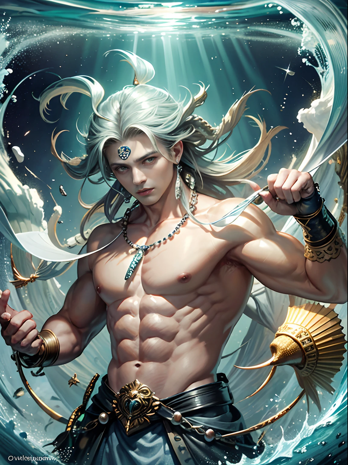 Fang Art, Unity 8k壁纸, Ultra-detailed, Beautiful and aesthetically pleasing, tmasterpiece, best qualityer, (zentangle, datura, clew, meshing), (s fractal art: 1.3), Zeus,heavenly gods, (Hairstyles: cabellos largos dorados) Ocean, Extremely detailed, dynamic angle, Cowboy shot, The most beautiful forms of chaos, elegant, Fauvistdesign, vivd colour, romanticism lain, Seafoam, Buble, shells, Fish, pearls,Hold a lightning bolt,Strong man,Vintage style,Well-developed muscles
