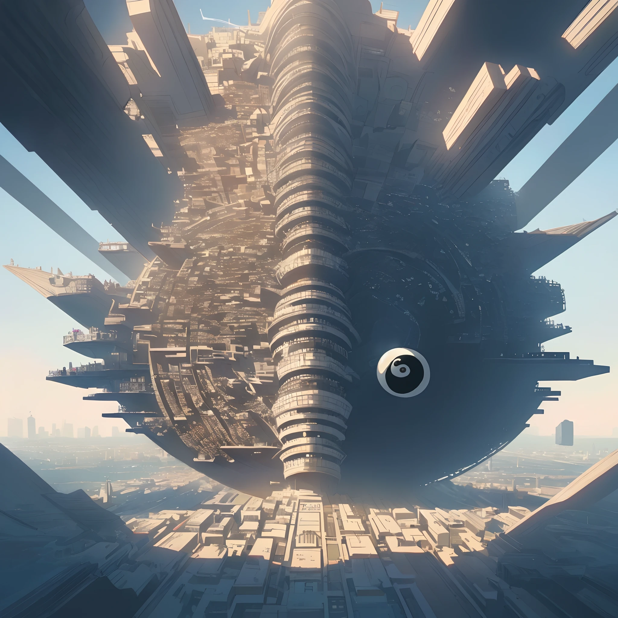 ((masuter piece))、top-quality、(8k、top-quality、​masterpiece:1.2)、ultra-detailliert、illustratio、Grand Scene、big city、scientific fiction、Floating cities、Yin Yang、light and shadows