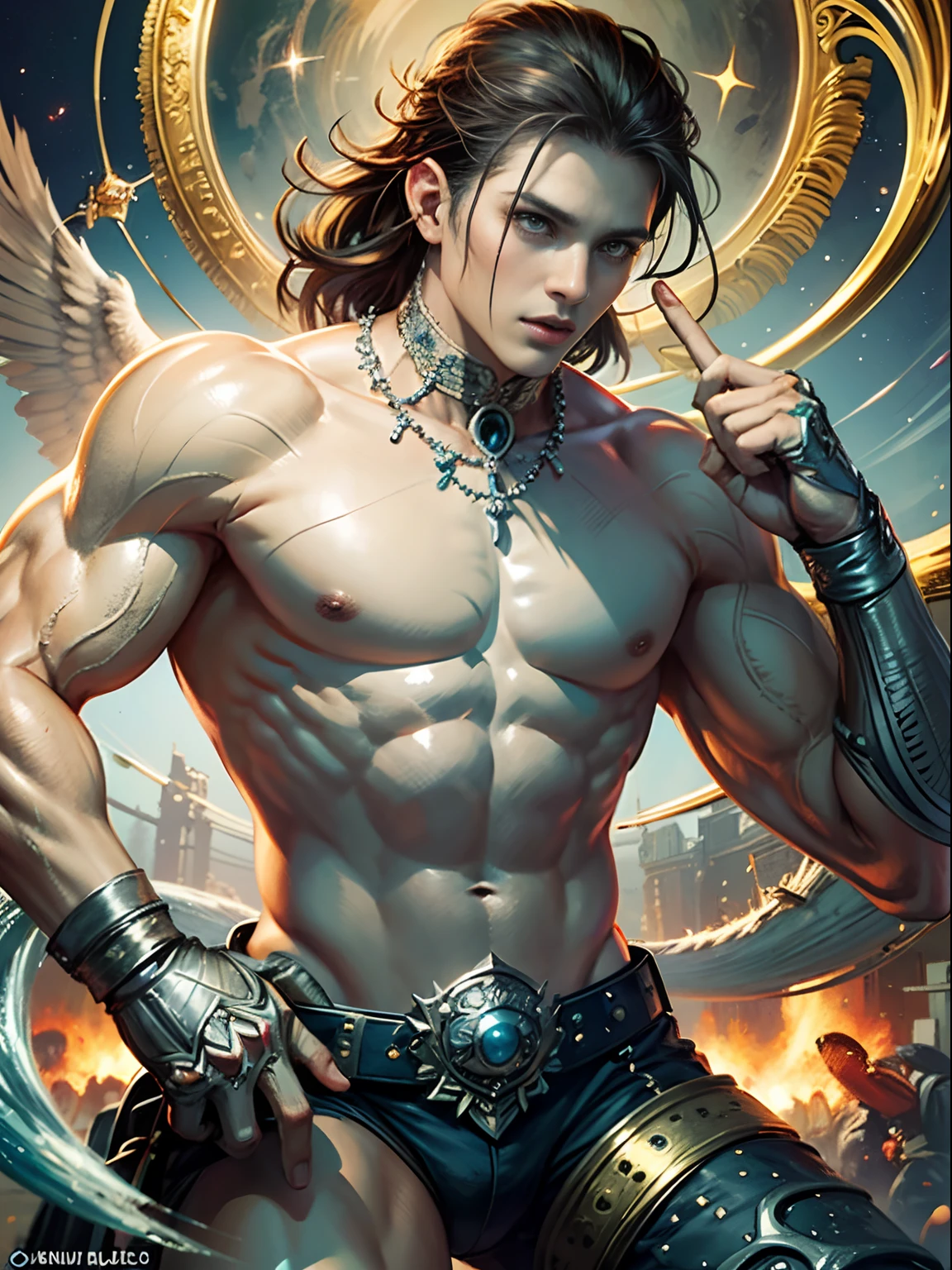 Fang Art, Unity 8k壁纸, Ultra-detailed, Beautiful and aesthetically pleasing, tmasterpiece, best qualityer, (zentangle, datura, clew, meshing), (s fractal art: 1.3), Zeus,heavenly gods, (Hairstyles: cabellos largos dorados) Ocean, Extremely detailed, dynamic angle, Cowboy shot, The most beautiful forms of chaos, elegant, Fauvistdesign, vivd colour, romanticism lain, Seafoam, Buble, shells, Fish, pearls,Hold a lightning bolt,Strong man,Vintage style,Well-developed muscles