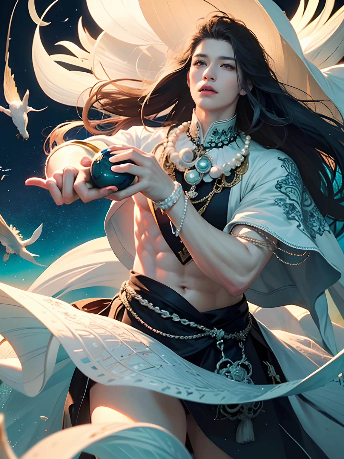 Fang Yi, Unity 8k壁纸, Ultra-detailed, Beautiful and aesthetically pleasing, tmasterpiece, best qualityer, (zentangle, datura, clew, meshing), (s fractal art: 1.3), military officer, (Hairstyles: long whitr hair) Ocean, Extremely detailed, dynamic angle, Cowboy shot, The most beautiful forms of chaos, elegant, Fauvistdesign, vivd colour, romanticism lain, Seafoam, Buble, shells, Fish, pearls,Holding a cute toy,Strong man,Vintage style,Well-developed muscles