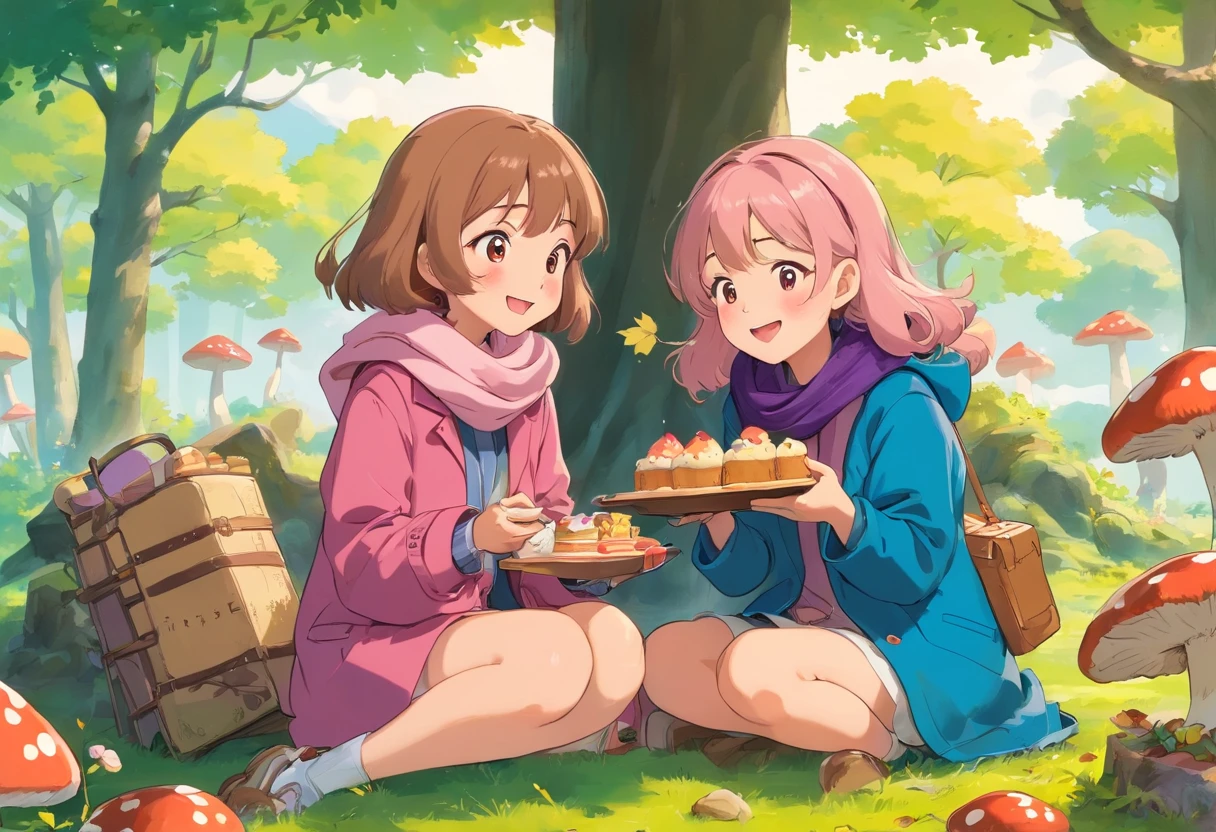 Two age girls sitting under a maple tree have a picnic,Japanese manga style,A teengirl in a pink coat with light brown hair curly , Wearing purple scarf,Another teenage who's slightly bigger wearing a beanie, purple coat, She's laughing. There is sandwiches on the floor,panini,Small cake,Fruit pie,high tea,some books,Japanese healing system,cute mushrooms around.