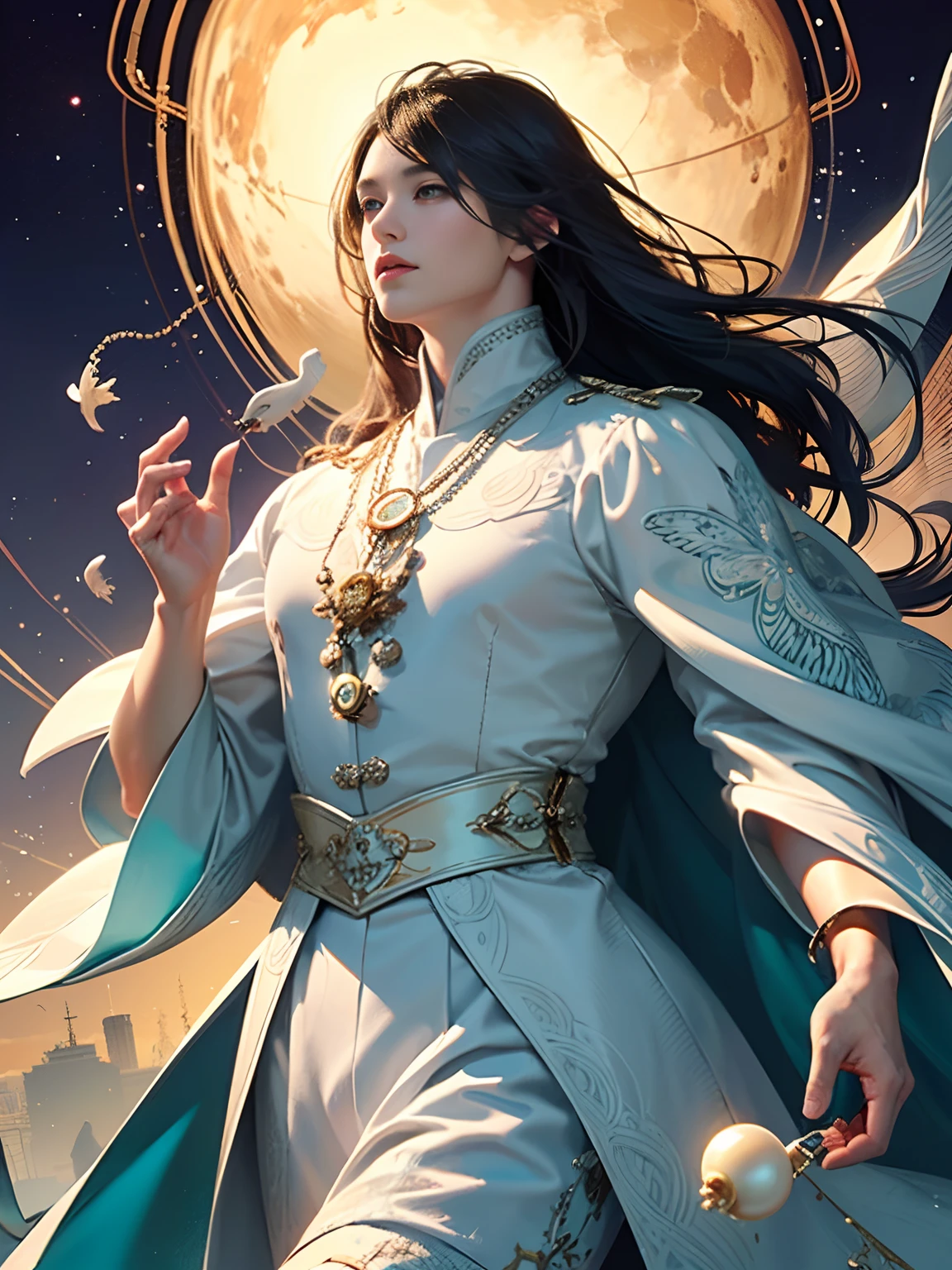 Fang Yi, Unity 8k壁纸, Ultra-detailed, Beautiful and aesthetically pleasing, tmasterpiece, best qualityer, (zentangle, datura, clew, meshing), (s fractal art: 1.3), military officer, (Hairstyles: long whitr hair) Ocean, Extremely detailed, dynamic angle, Cowboy shot, The most beautiful forms of chaos, elegant, Fauvistdesign, vivd colour, romanticism lain, Seafoam, Buble, shells, Fish, pearls,Holding a cute toy,Strong man,Vintage style,Well-developed muscles