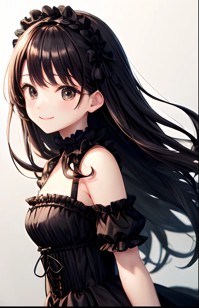 girl with、No background、without background、Background through、Black hair、A dark-haired、Black eyes、Black eyes、The long-haired、Long、half up、bow ribbon、frilld、Gothic ta、Loliashion、Heavy dresses、black one-piece、Black dress、Glitter、kirakira、accessorized、耳Nipple Ring、A smile、kawaii、