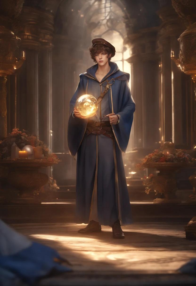 Anime Handsome Boy Realistic Face、8K Ultra、fully body photo、Wearing a blue beret、Brown shorthair、Long brown T-shirt、Silver breastplate、Wearing a brown cloak、、Gray protector、Gray boots、Greek palaces、Hold 4 tarot cards、The card glows faintly.、Magic flames are burning、A large crystal ball is placed on the ground、The sword of the brave is stuck in the ground、 Several corpses of monsters are falling（In the back、）