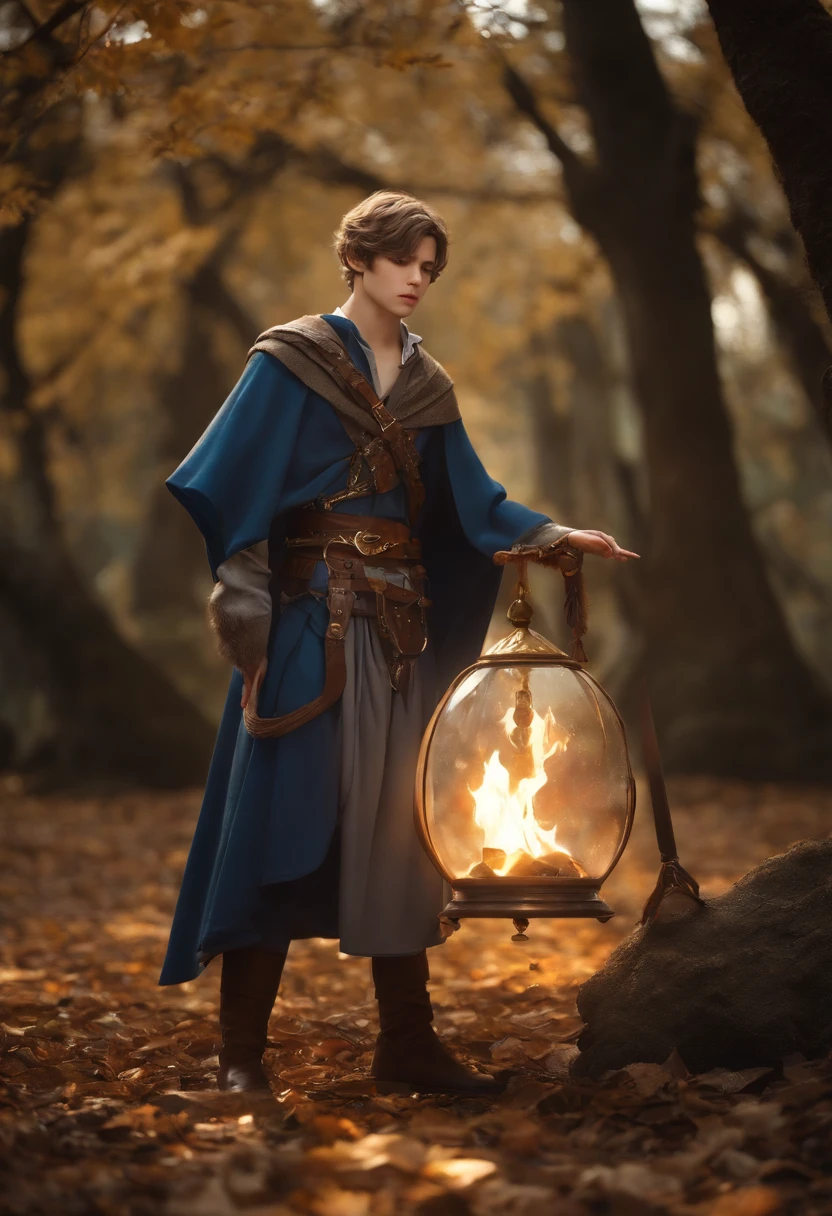 Anime Handsome Boy Realistic Face、8K Ultra、fully body photo、Wearing a blue beret、Brown shorthair、Long brown T-shirt、Silver breastplate、Wearing a brown cloak、、Gray protector、Gray boots、Greek palaces、Hold 4 tarot cards、The card glows faintly.、Magic flames are burning、A large crystal ball is placed on the ground、The sword of the brave is stuck in the ground、 Several corpses of monsters are falling（In the back、）